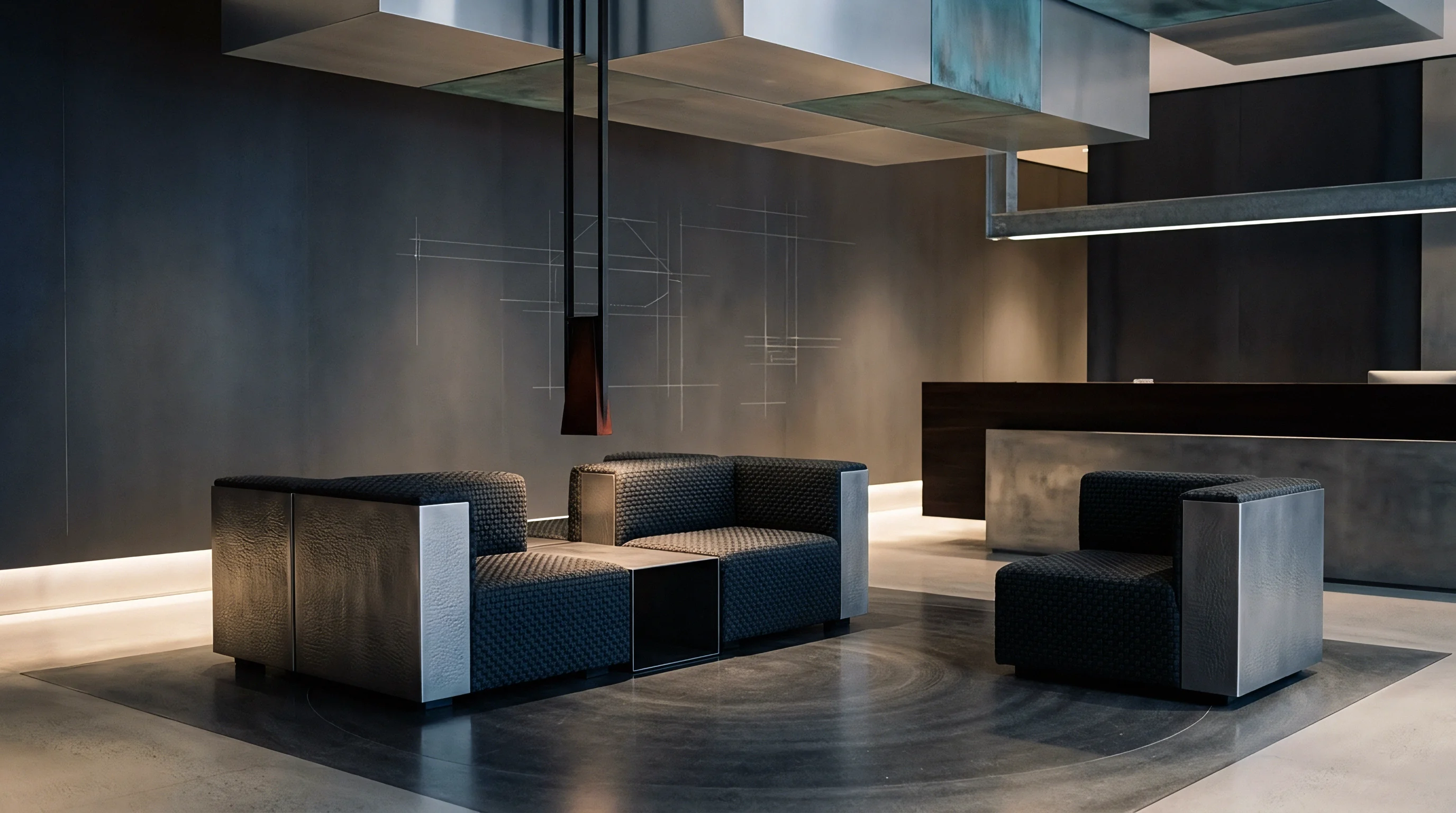 Dark armchairs and a table occupy a minimalist lobby with industrial architectural sketches on the walls.