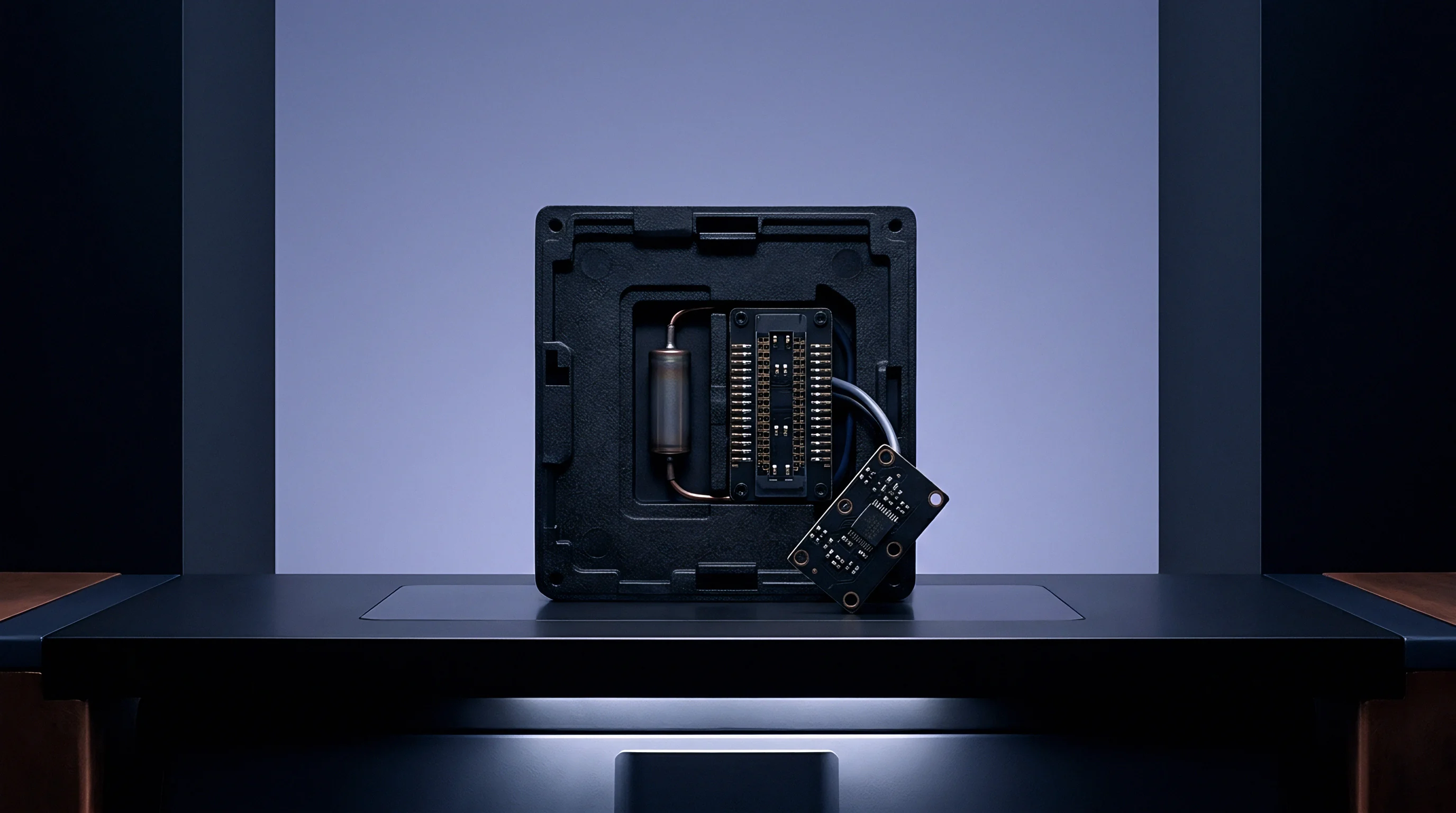 Black polymer housing contains a metal heat pipe and dense pin connector array adjacent to a small auxiliary printed circuit board assembly.