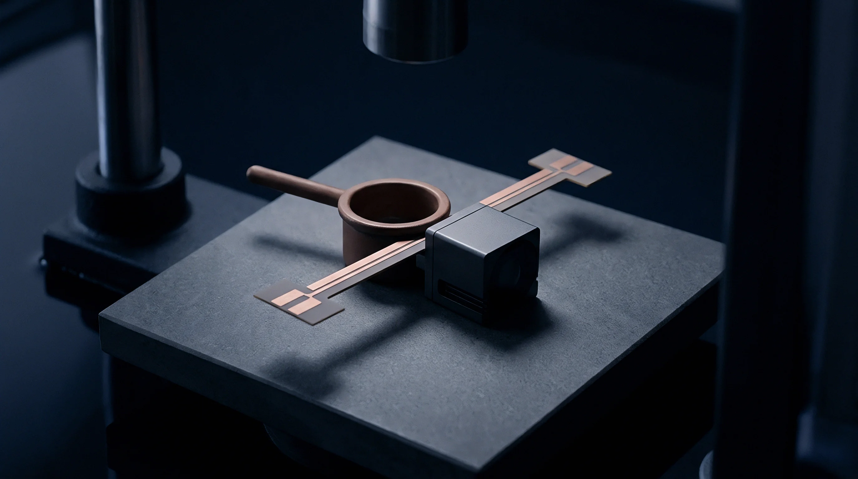 A dark grey electronic module with attached flexible copper clad antennas rests on a textured surface near a copper tool under controlled lighting.