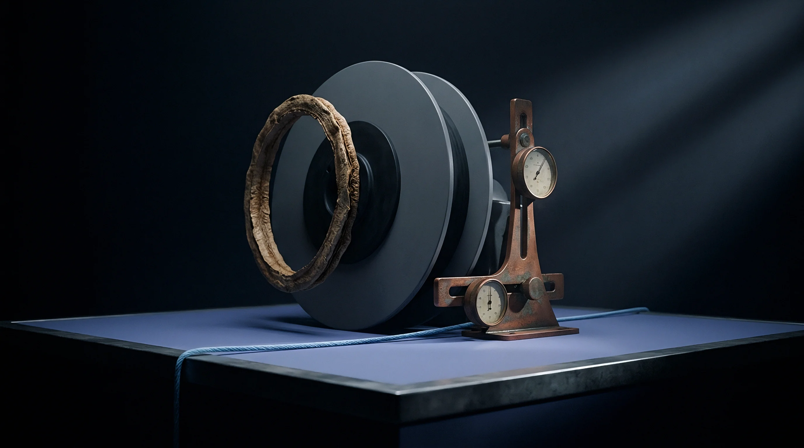 Copper measuring gauges and a grey industrial spool stand on a blue worktop alongside an organic ring under directional light.