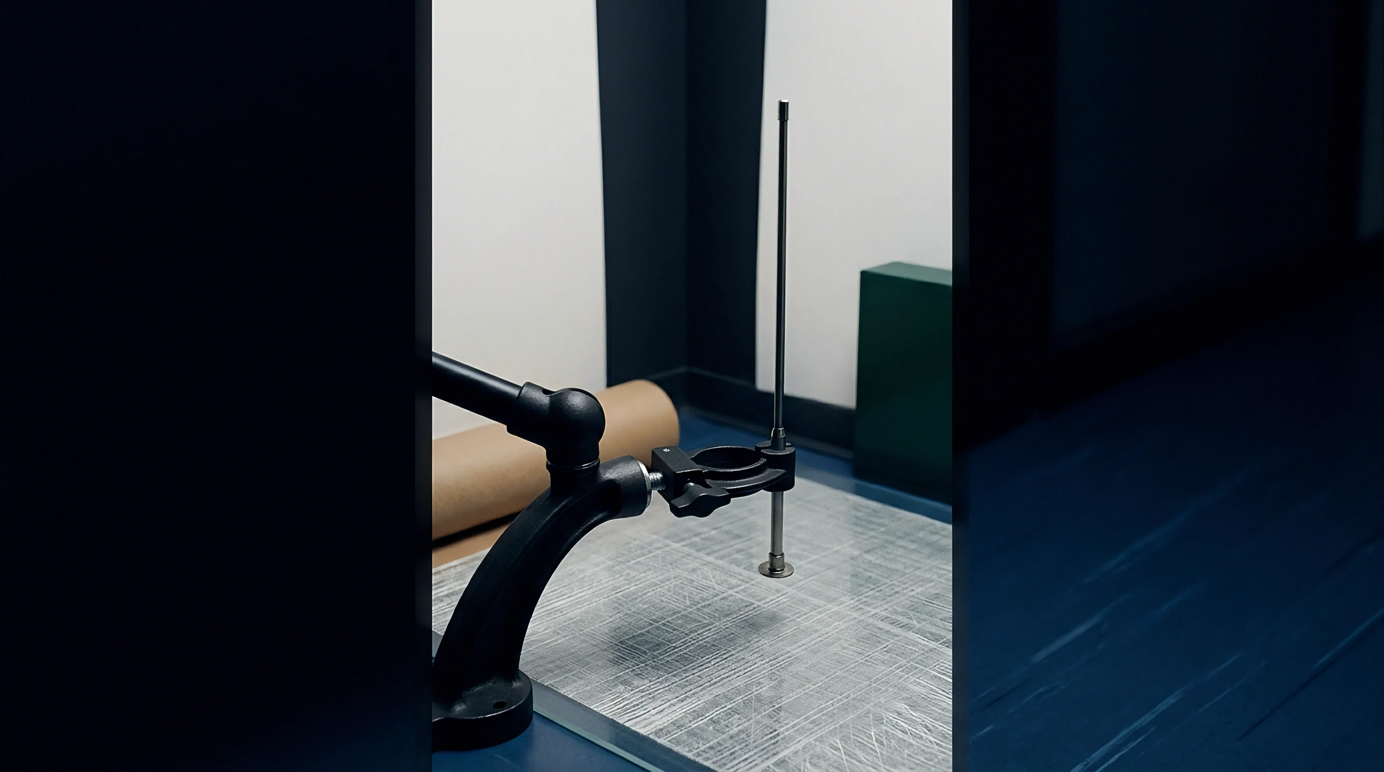 A metallic radio frequency probe stand positions a vertical antenna above an insulated grid table inside a specialized testing chamber.