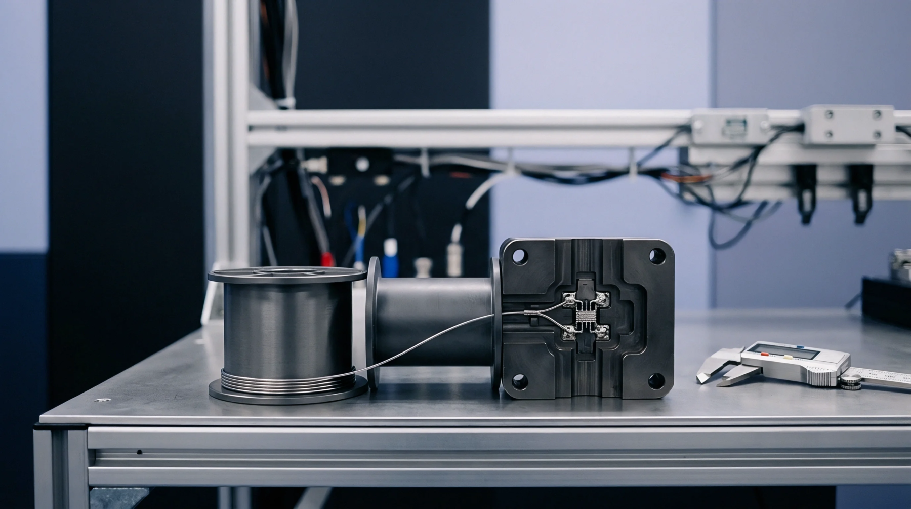 A metal housing fixture holds delicate wire routed to electrical contacts beside a supply spool and digital caliper on a workbench surface.