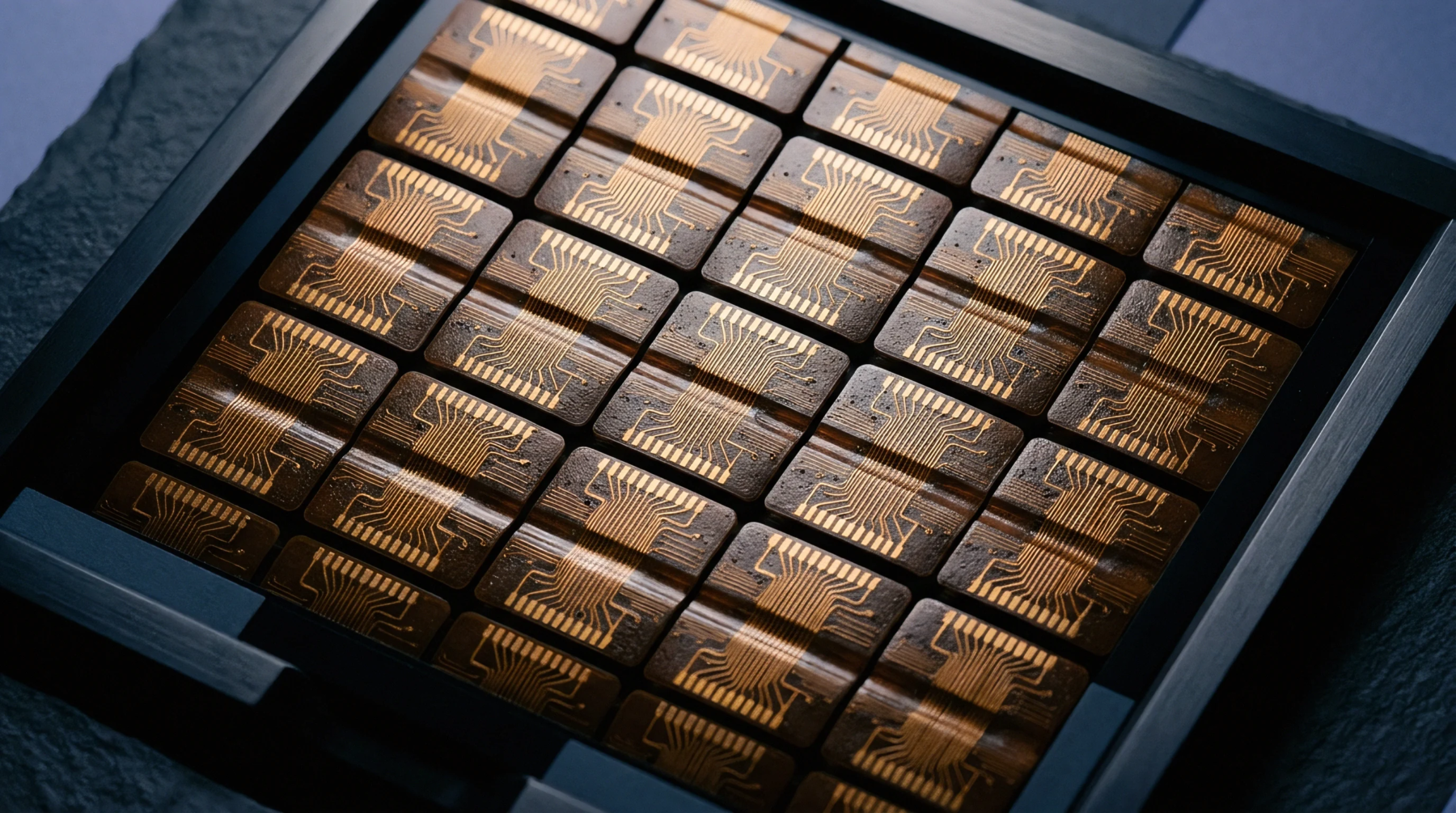 Square microelectronic components with gold trace patterns rest in a dark rectangular grid tray for industrial assembly and testing.