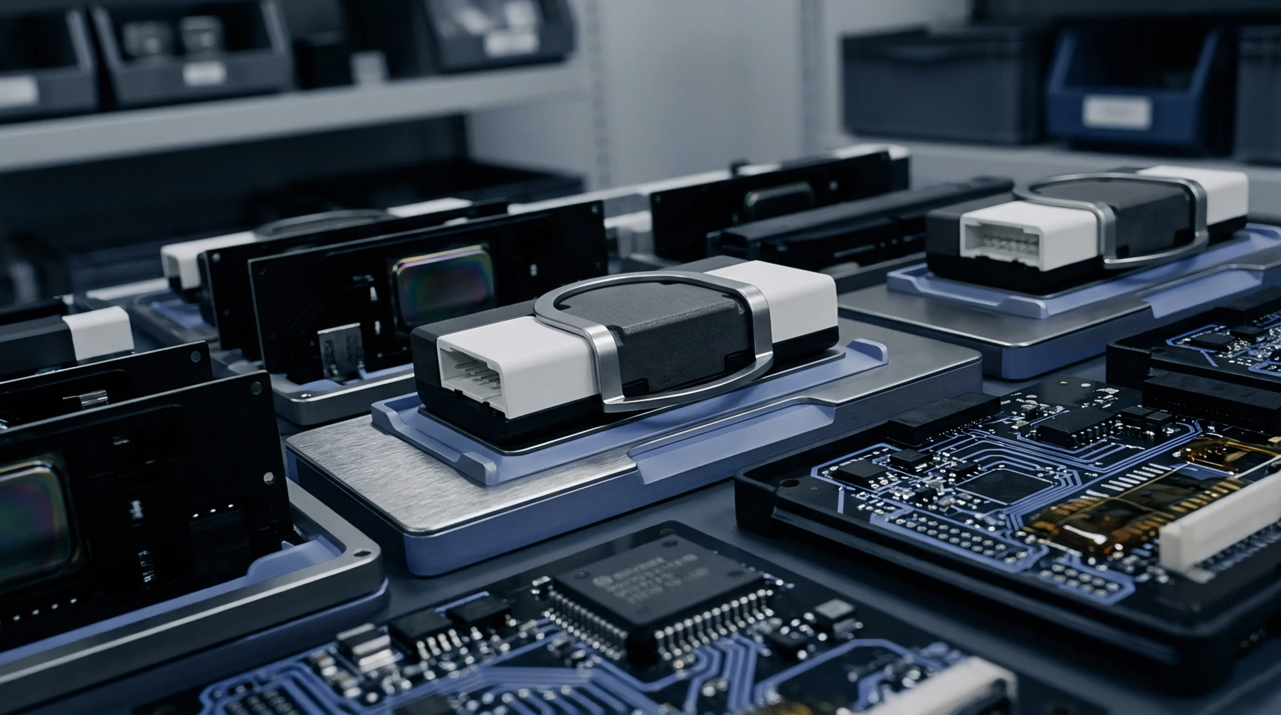 Assembled electronic modules and printed circuit boards rest in metal fixtures along an automated production line inside a manufacturing facility.
