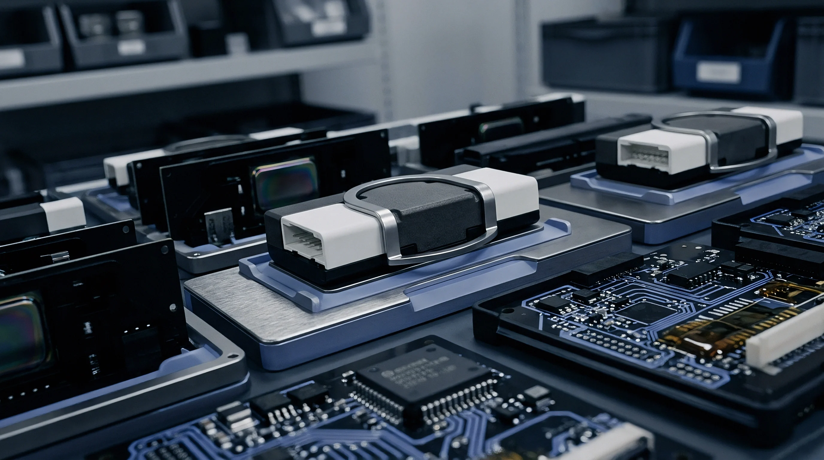 Assembled electronic modules and printed circuit boards rest in metal fixtures along an automated production line inside a manufacturing facility.
