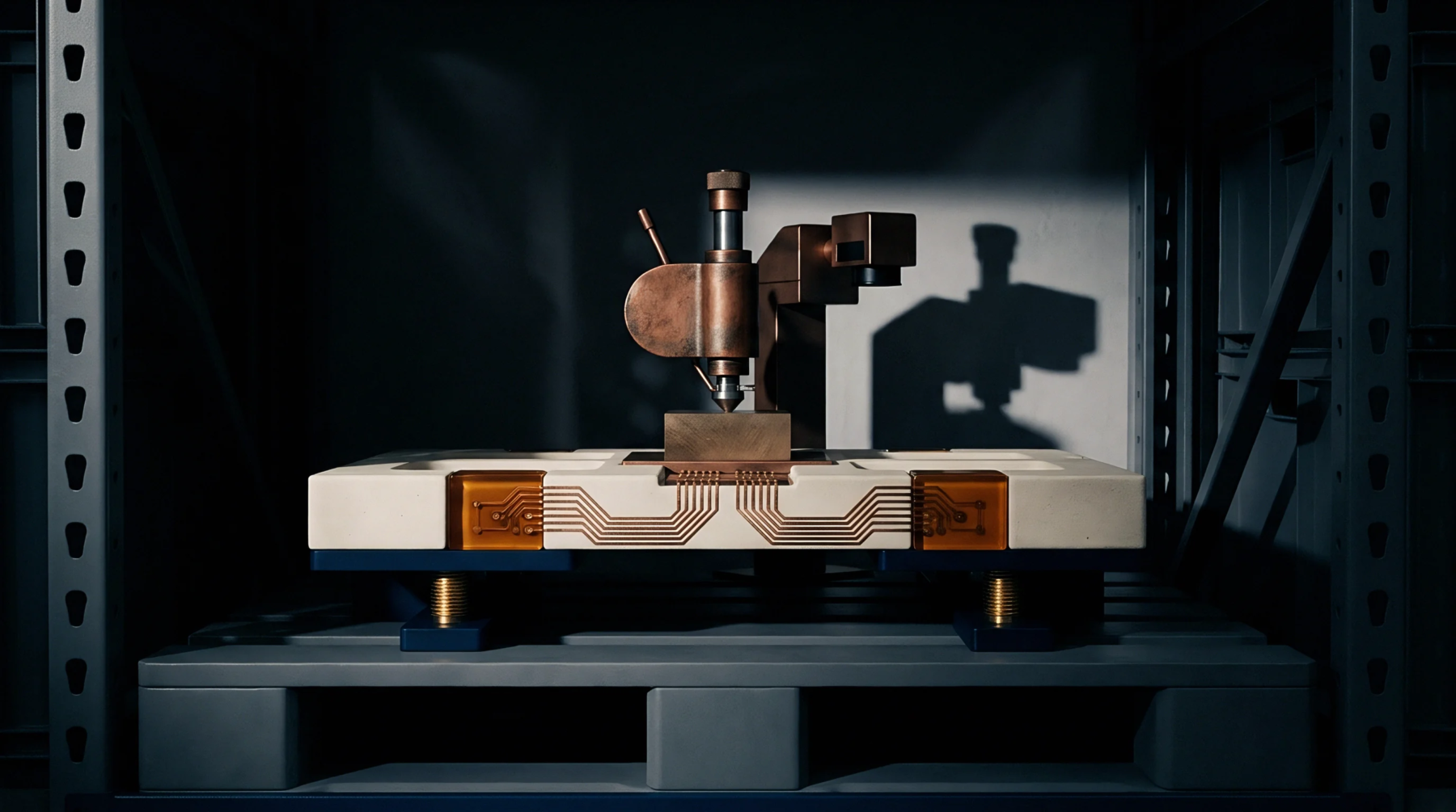 A metallic precision fixture securely holds a white ceramic substrate featuring embedded copper circuitry inside an industrial manufacturing rack.