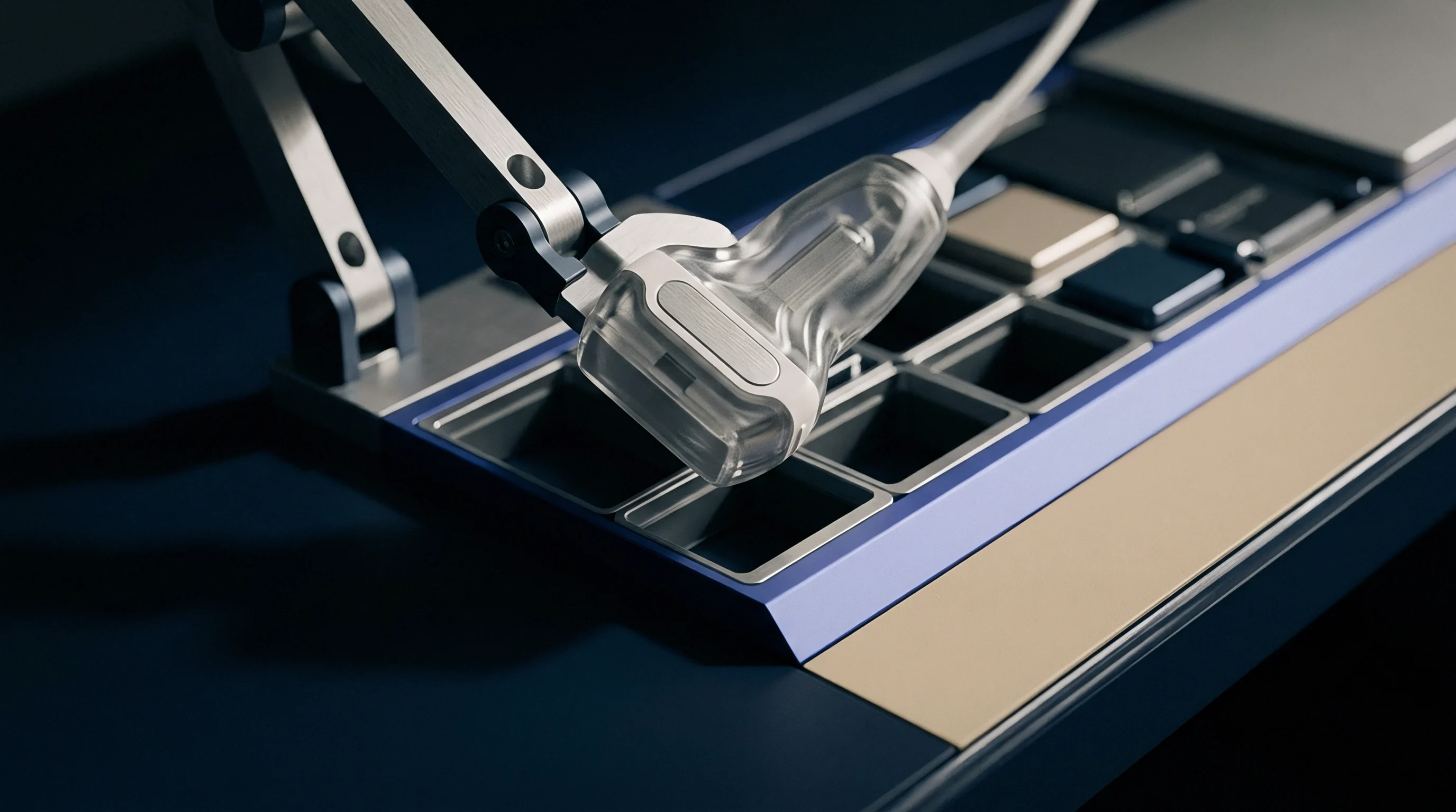 A robotic arm suspends a clear medical sensor probe over a compartmentalized test dock containing modular slots for electronic component validation.