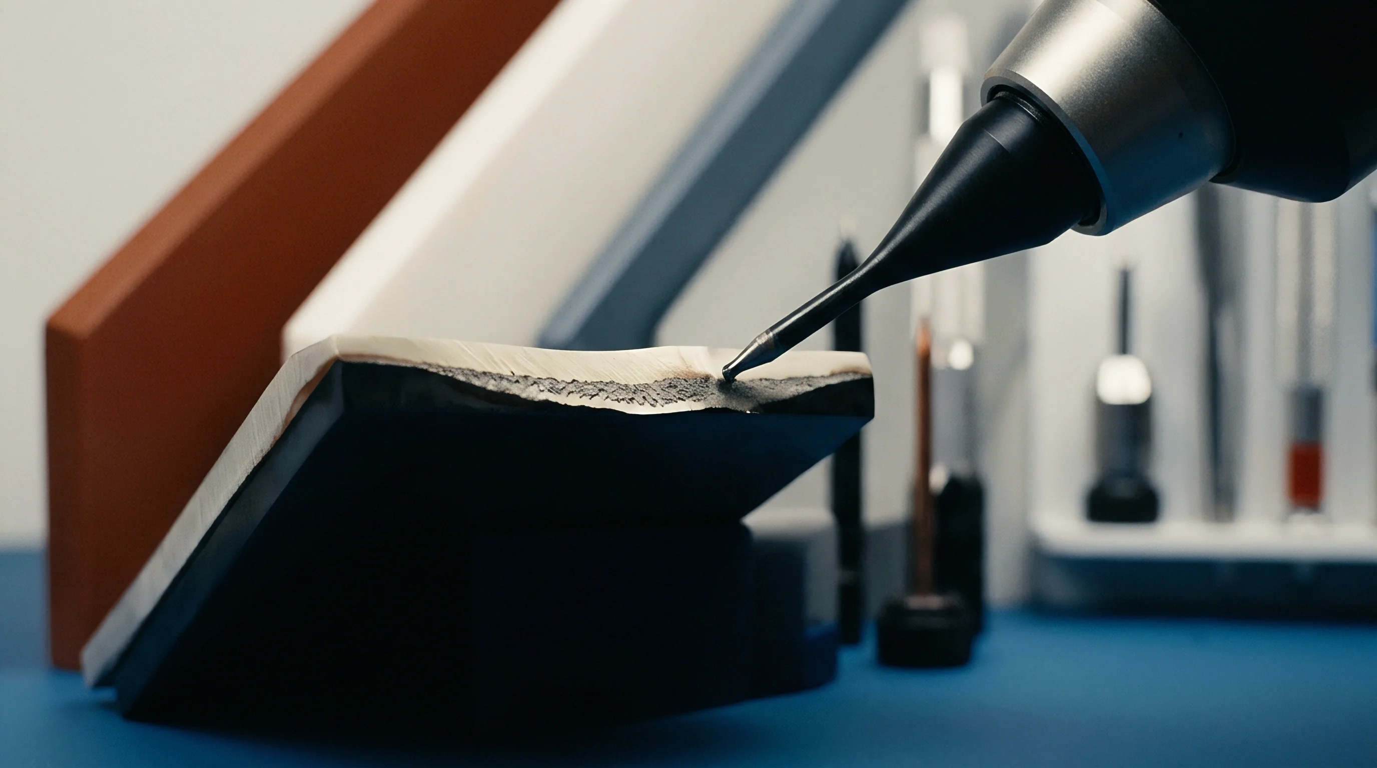 A mechanical probe contacts the surface of a dark layered composite material used in high frequency antenna fabrication and electronics manufacturing processes.