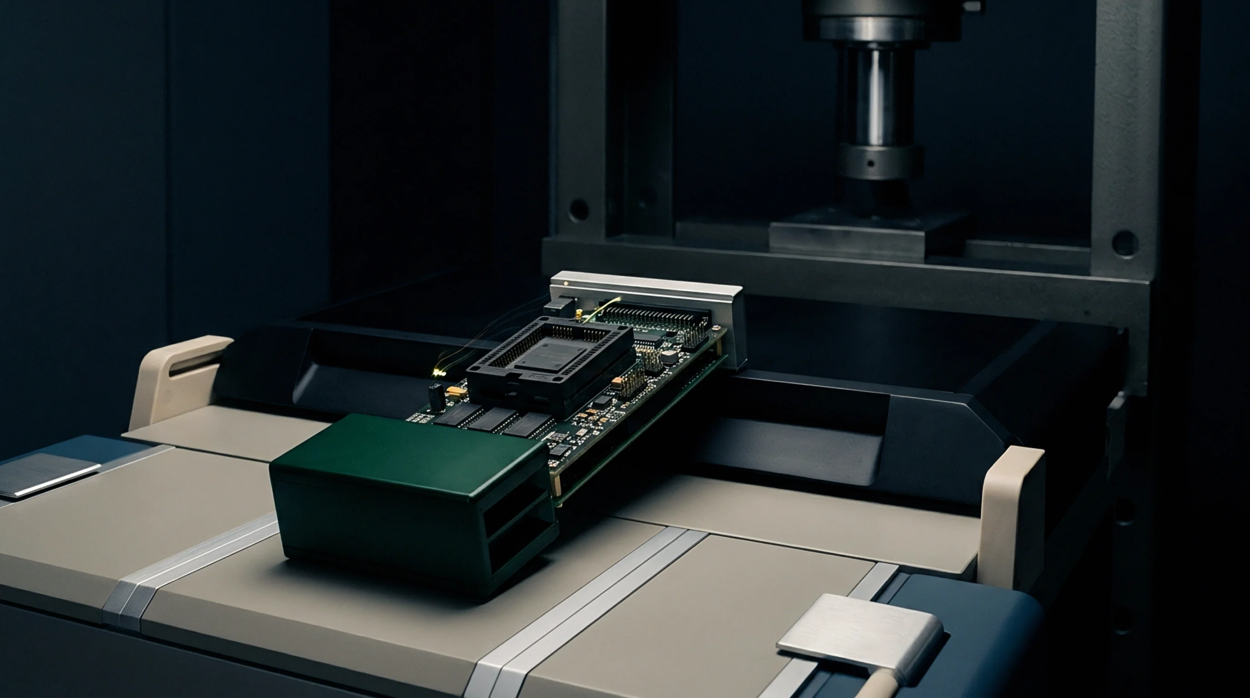 A green protective housing covers part of the printed circuit board positioned inside an automated industrial testing fixture under a mechanical press.