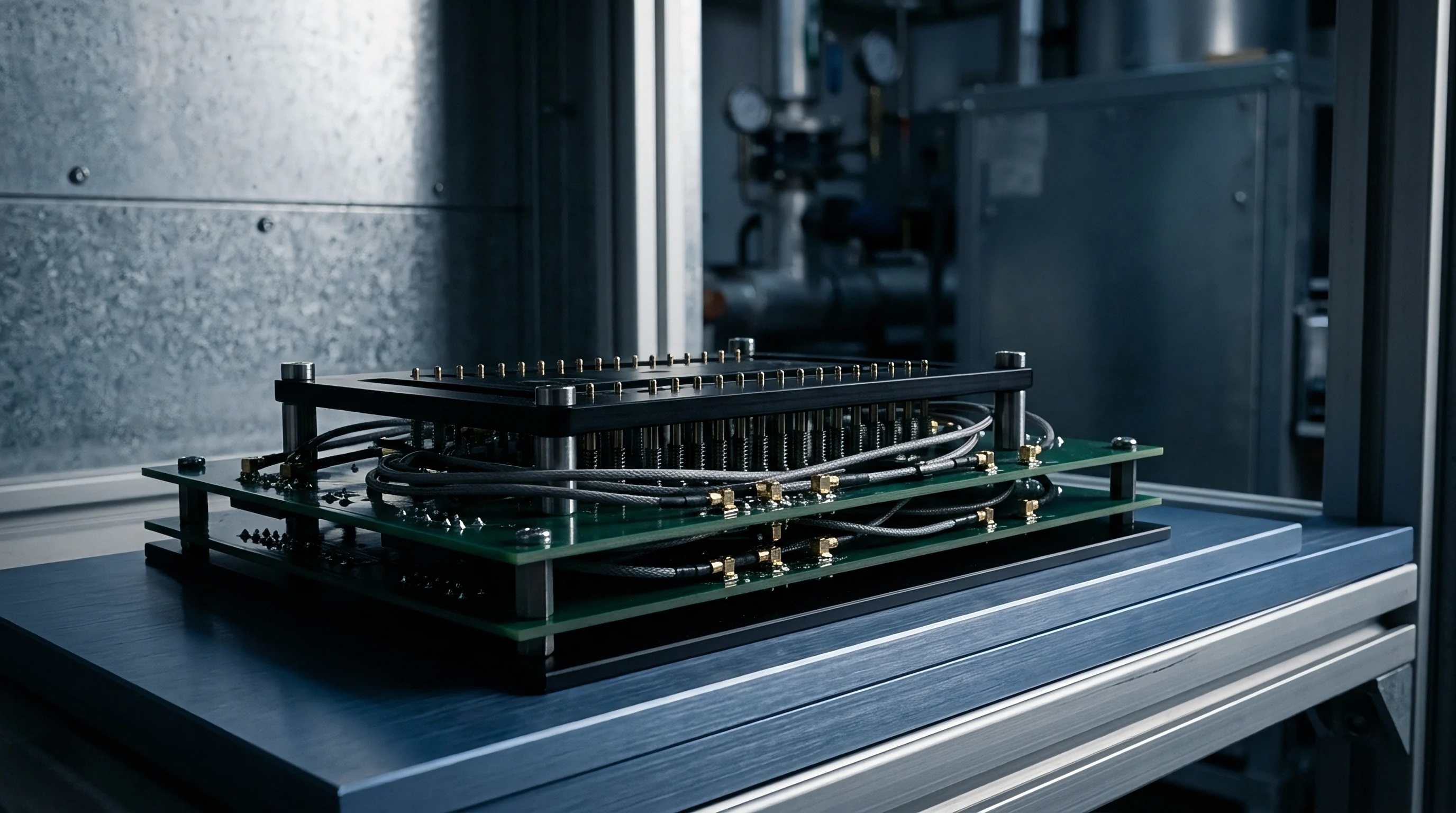 Spring loaded test pins press against multiple green printed circuit boards interconnected by coaxial cables inside an industrial production facility.