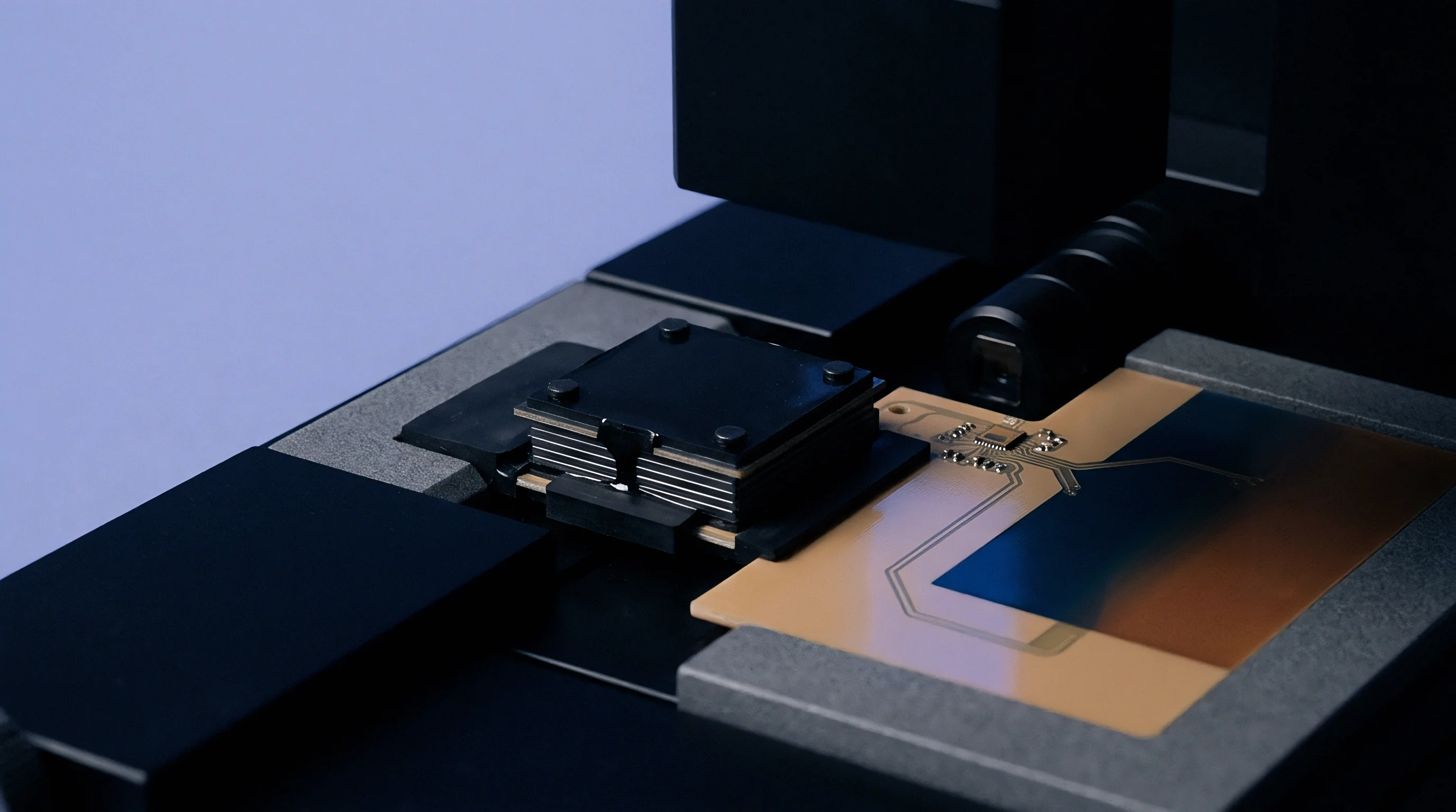This is a rendered image showing a multi-layered electronic substrate with integrated circuitry being precisely engaged by an automated fixture.