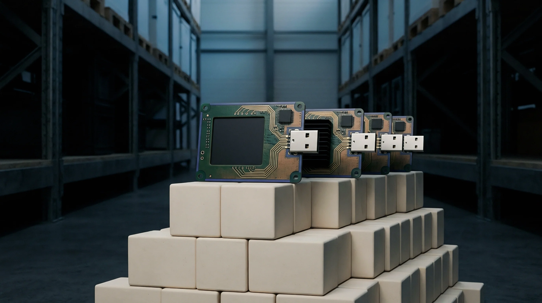 Uniform circuit board modules with integrated usb connectors rest upon a stack of white blocks within a spacious industrial warehouse storage facility.