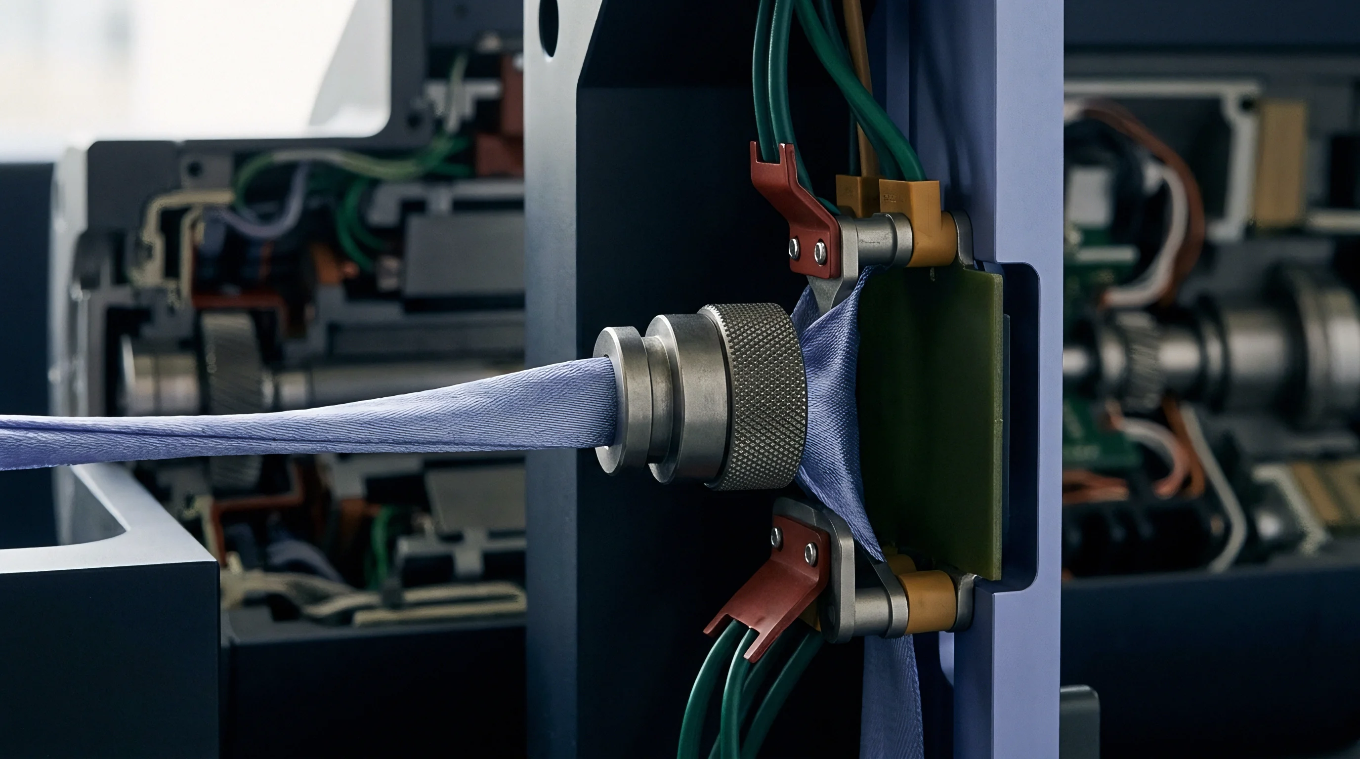 A flexible textile sleeve enters a metal tension fixture connected to a mechanical assembly with visible green wiring and internal circuitry.