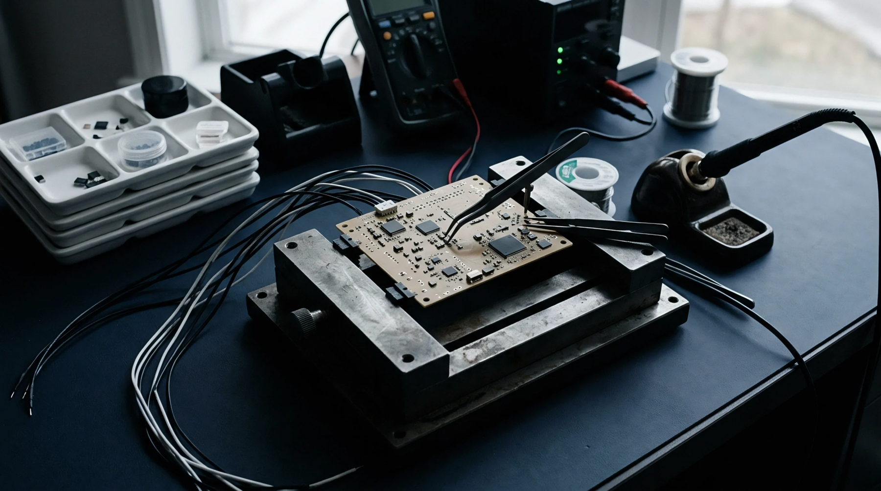 Precision surface mount components rest inside sorting trays beside a circuit board clamped securely in a heavy metal vice on an electronics workbench.
