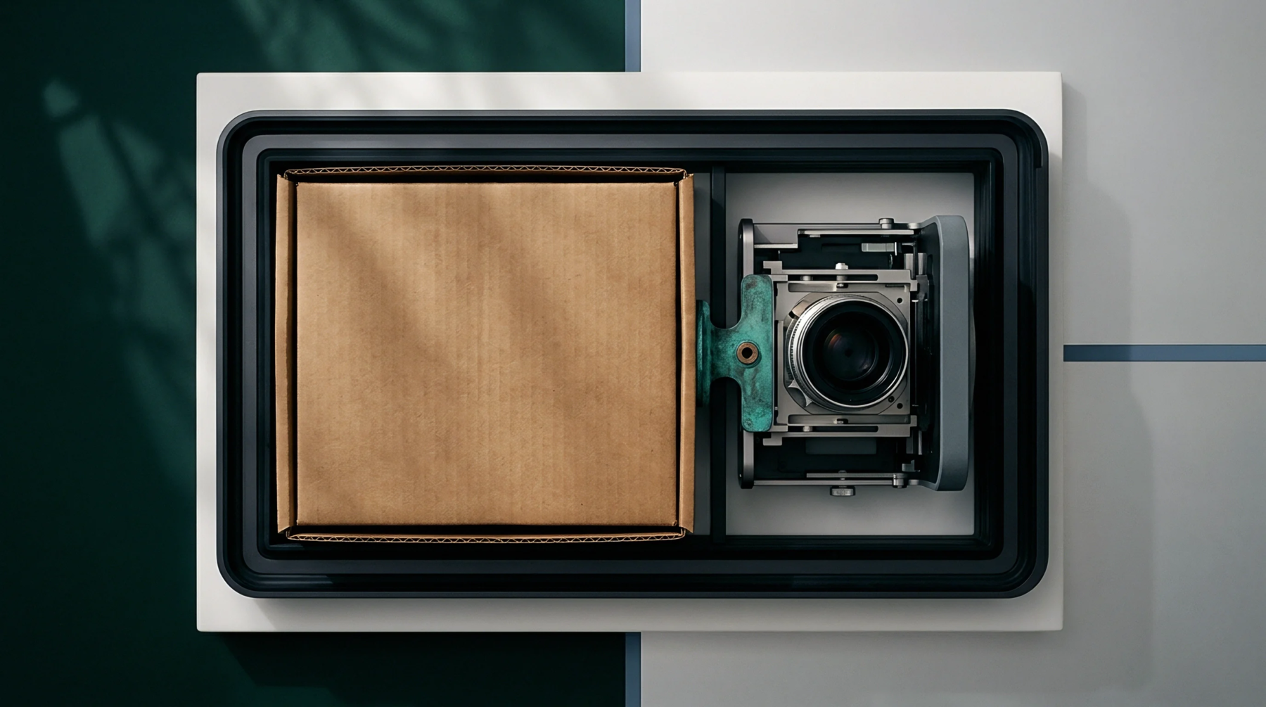 An overhead graphic presents a packaged component situated next to a lens assembly within black framing on a divided color surface.