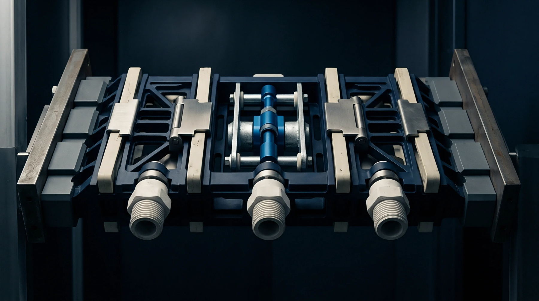 Three industrial threaded ports extend from a composite mechanical frame featuring metallic blue supports and ivory bars inside a dark assembly space.
