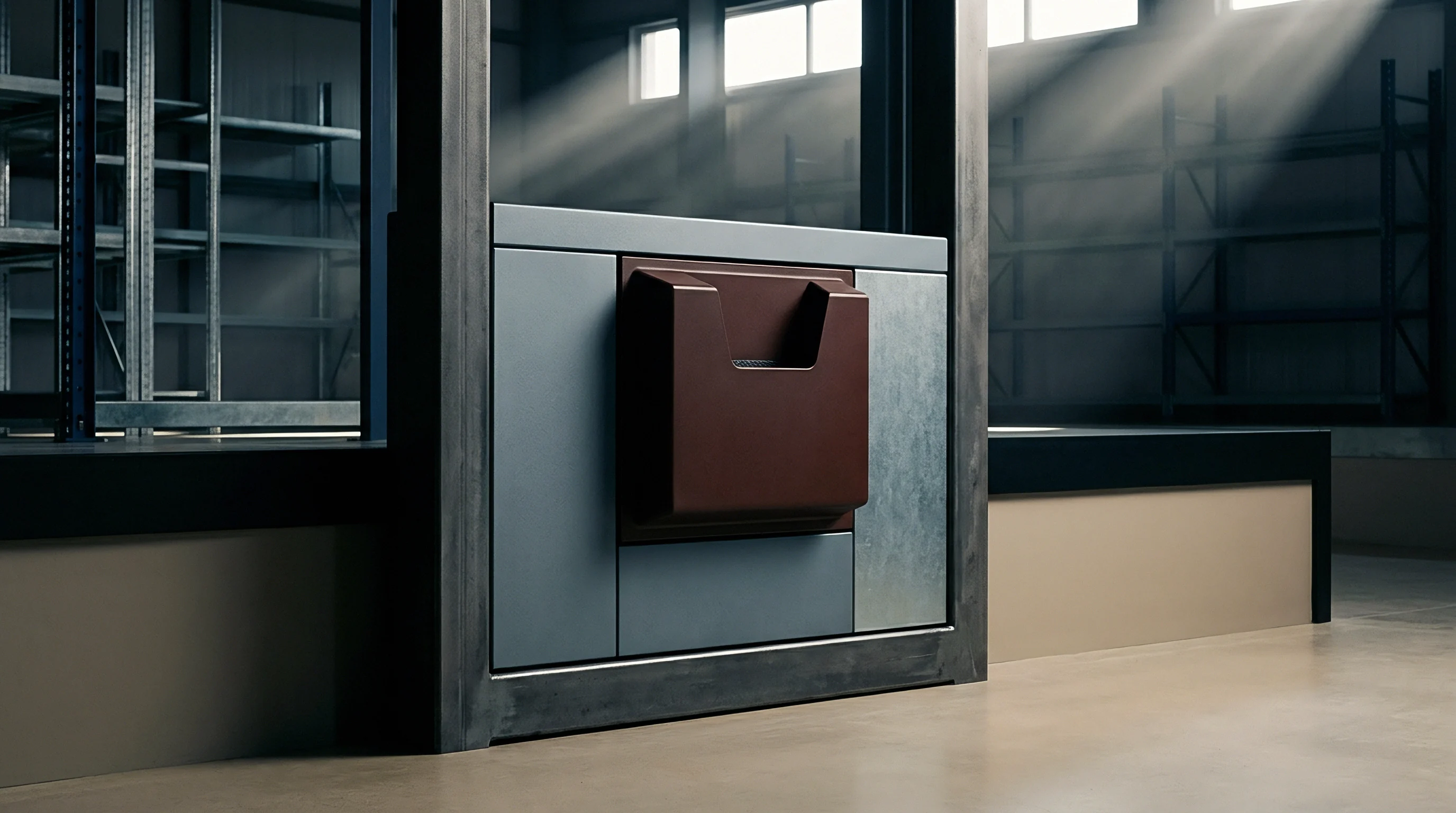 A render displays a dark brown smart device module integrated into a metallic grey panel system within an industrial facility setting.