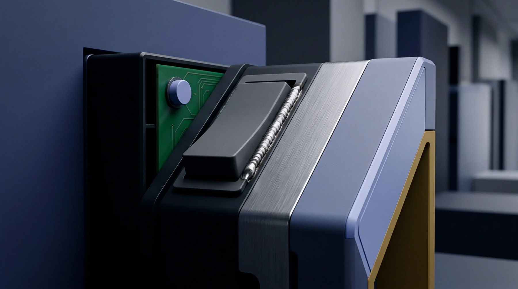 This three dimensional render presents a detailed cutaway view of a connectivity module, revealing its internal electronic printed circuit board and integrated mechanical components.