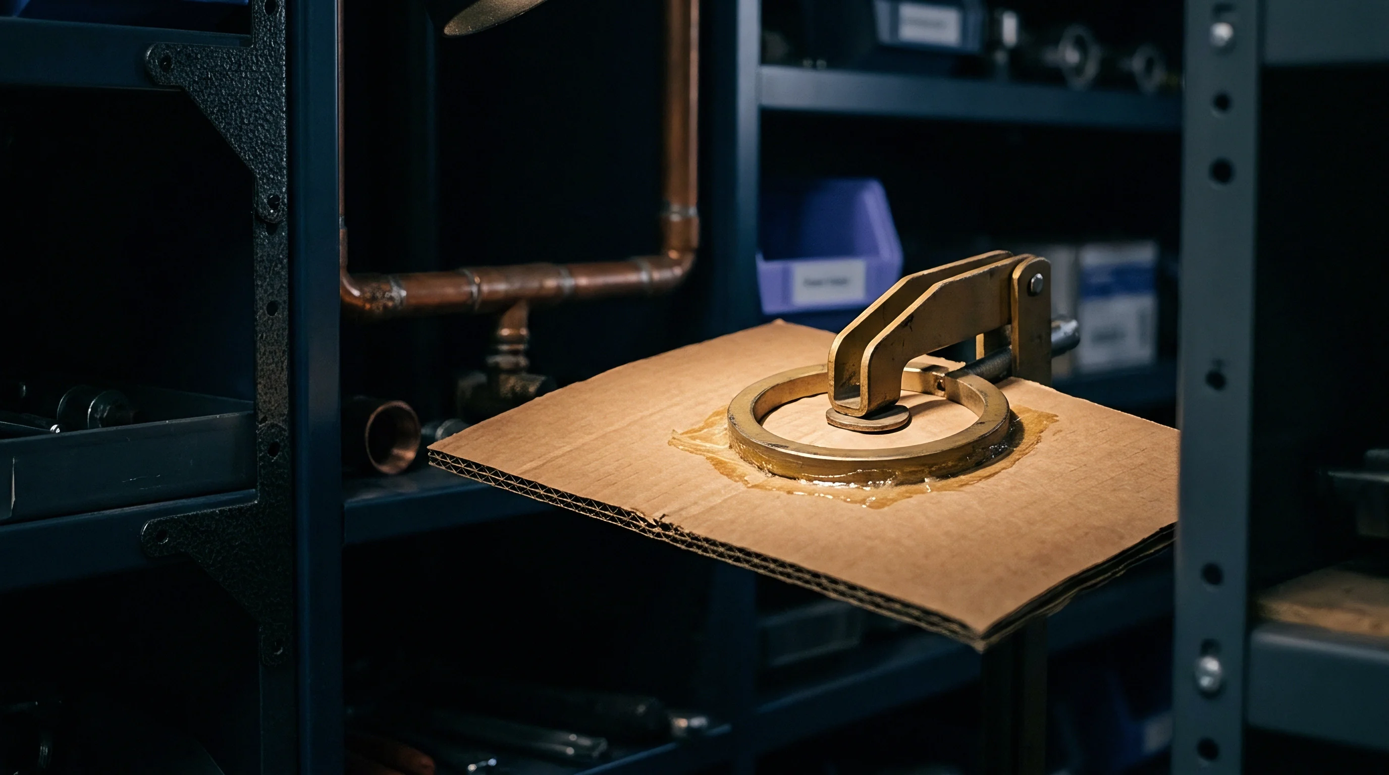 A metallic circular mounting ring sits centered on corrugated cardboard held by a brass clamp within an industrial storage environment.