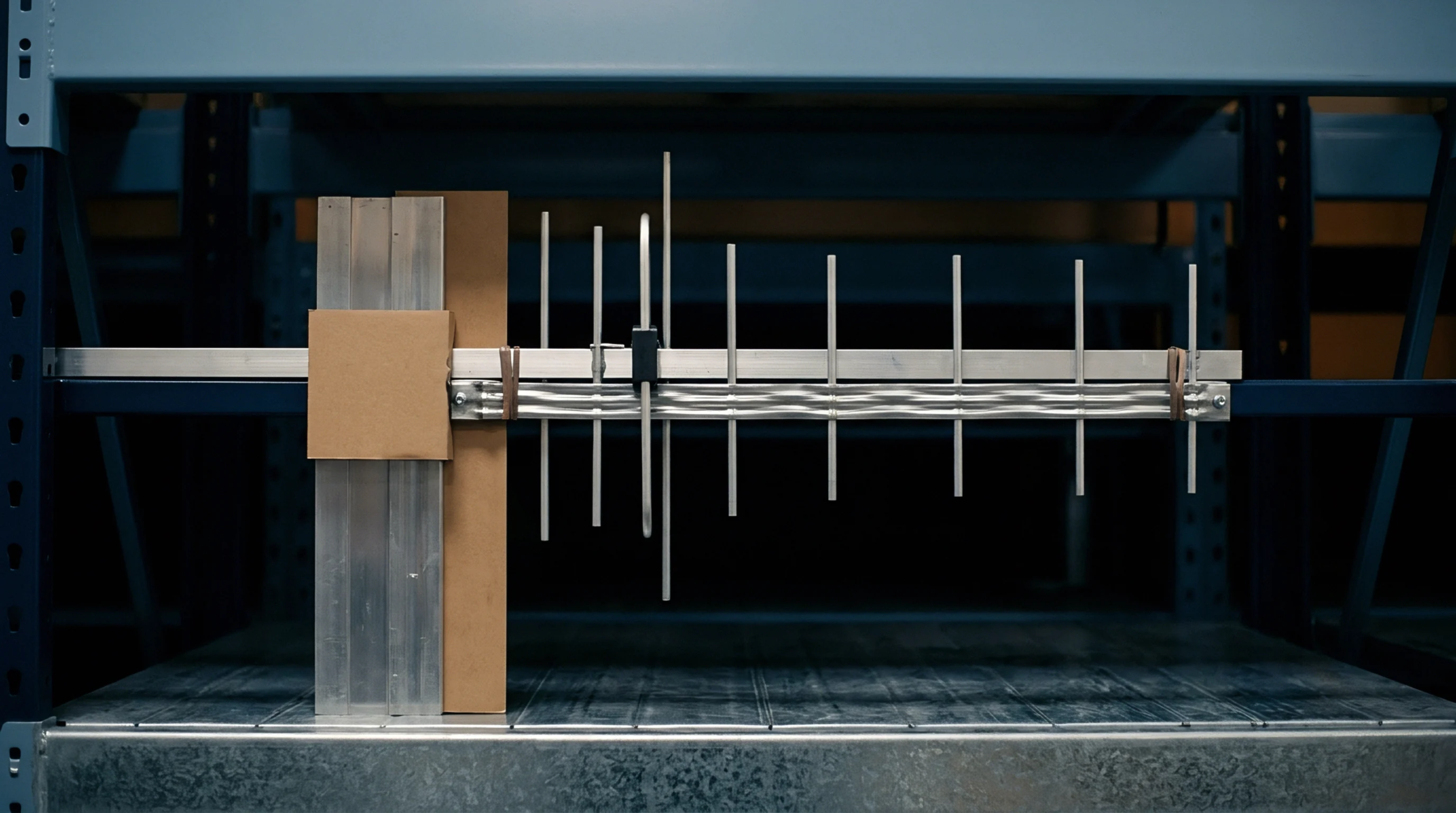 A directional radio antenna array composed of metallic elements is mounted on industrial shelving within a production facility.