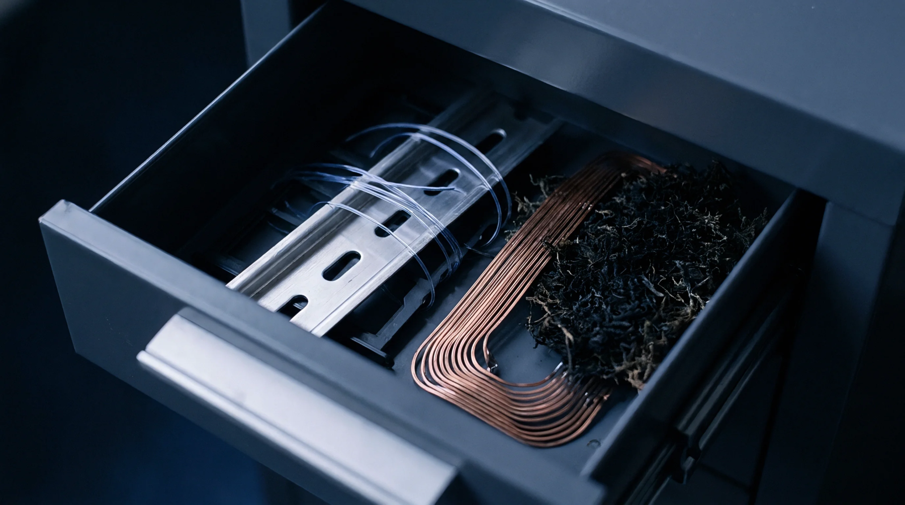 An open grey metal drawer contains slotted steel DIN rail sections beside a flat copper coil antenna and dark organic fibrous material.