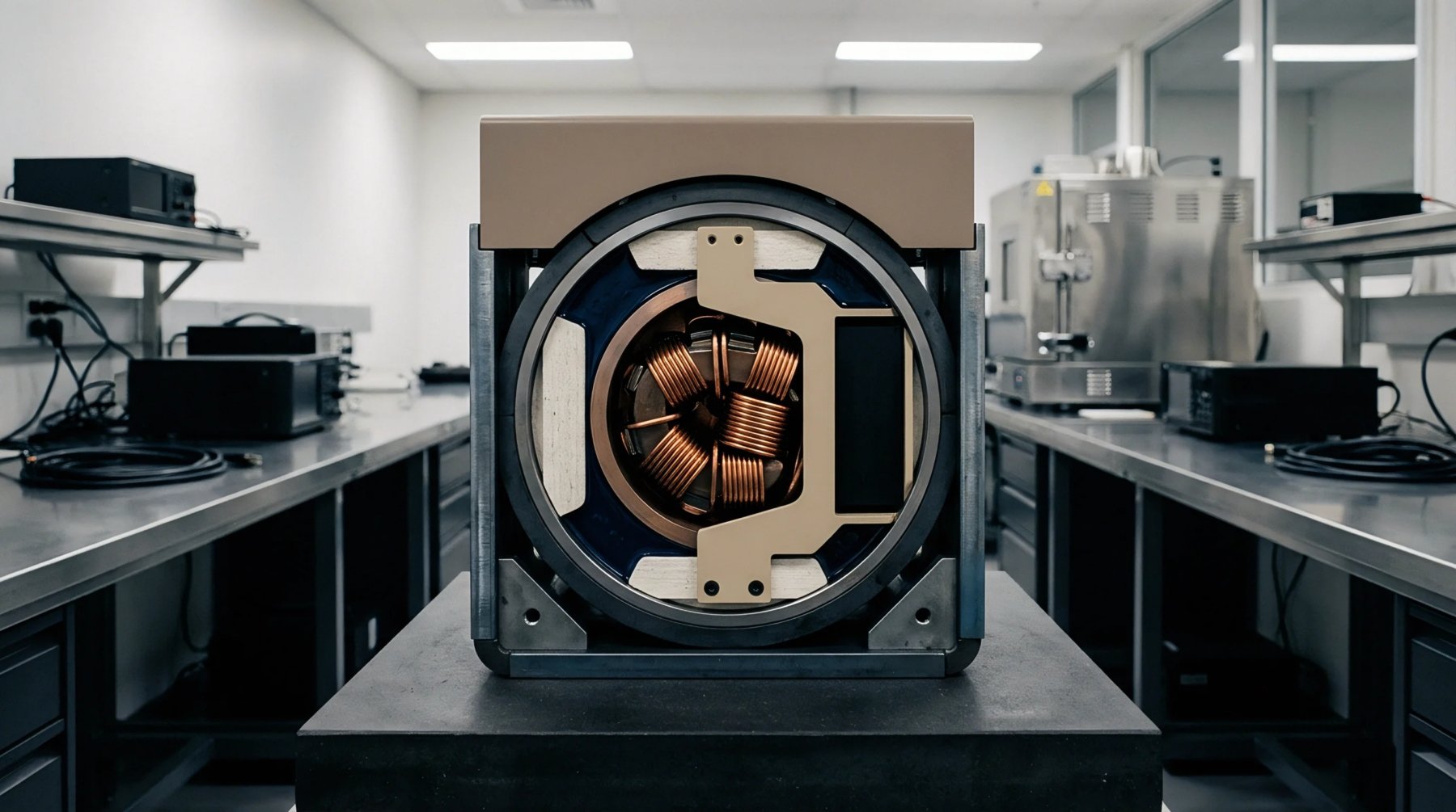 A copper wound electromagnetic coil assembly sits on a heavy steel test bench inside an electronics manufacturing laboratory.