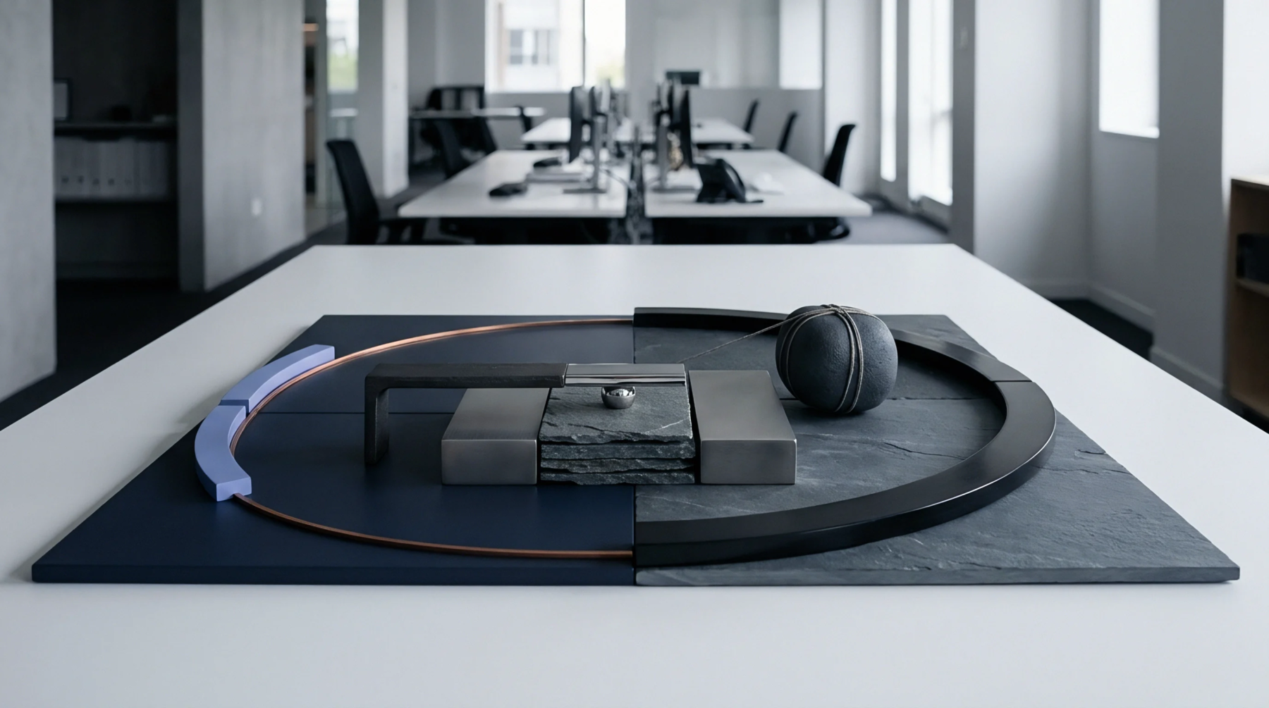An electromagnetic integration mockup with metallic and slate components occupies a white conference table before an open office work area.