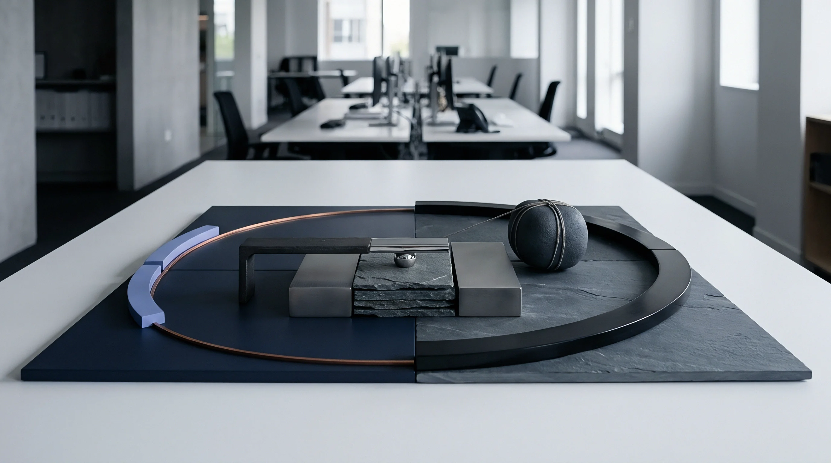 An electromagnetic integration mockup with metallic and slate components occupies a white conference table before an open office work area.