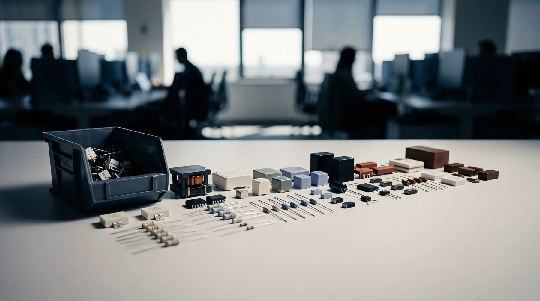 Electronic components for circuit assembly are arranged in organized rows on a white surface before an office environment.