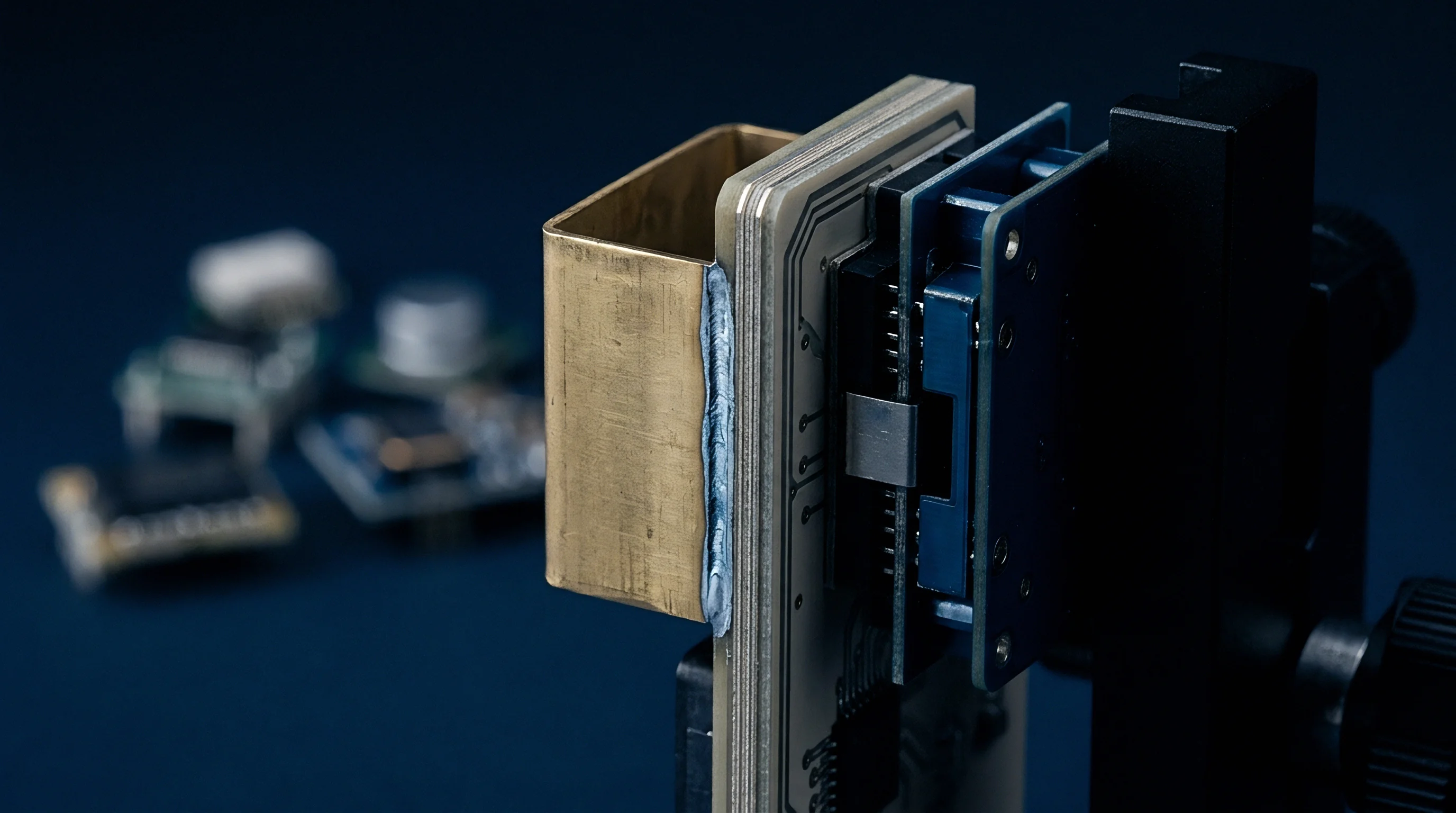 A stack of multilayer printed circuit boards with connectors is mounted on a fixture and enclosed by a welded brass housing.