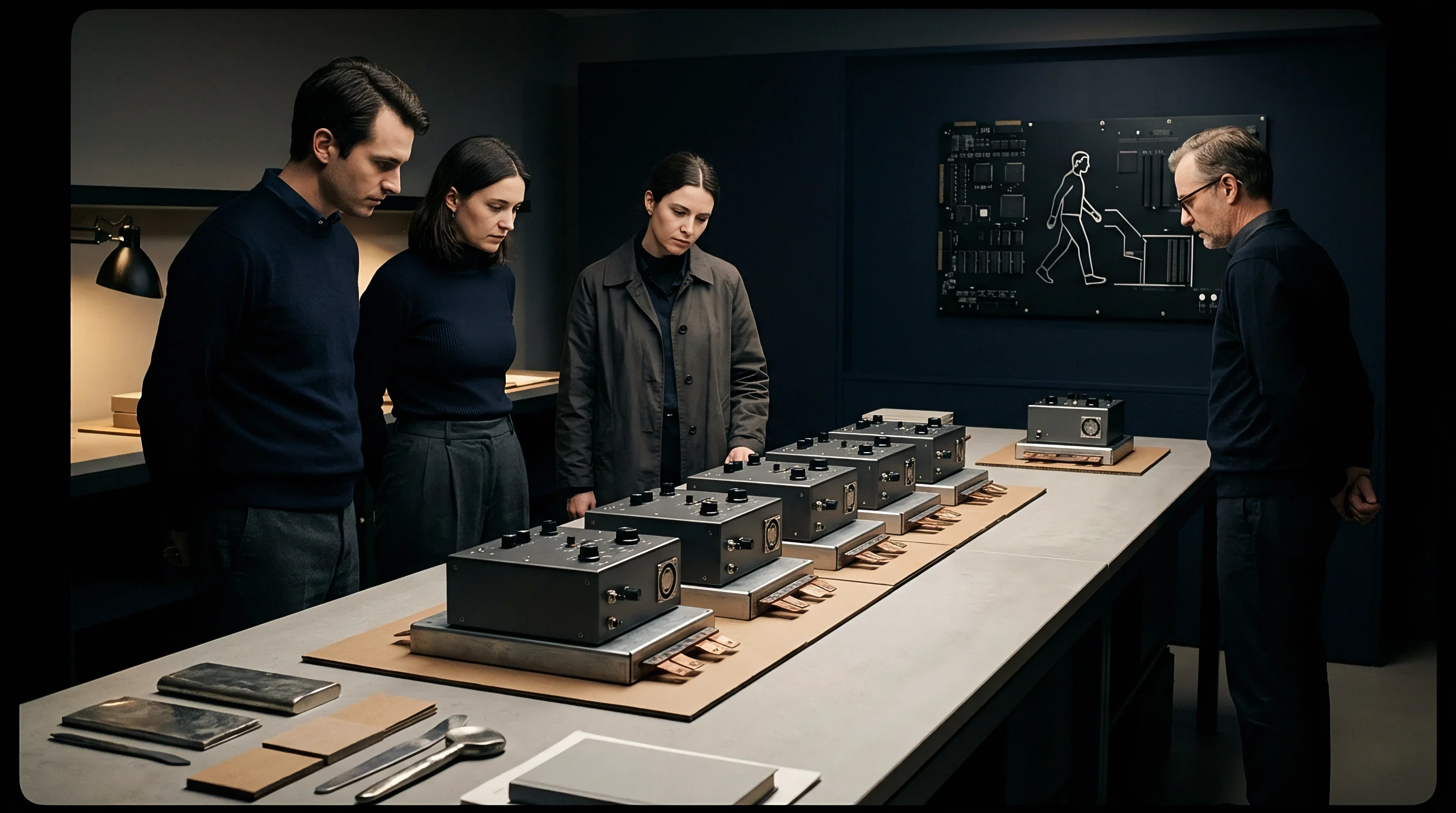 Four individuals examine multiple identical electronic modules arranged on a laboratory table, suggesting a stage in their development or production process.