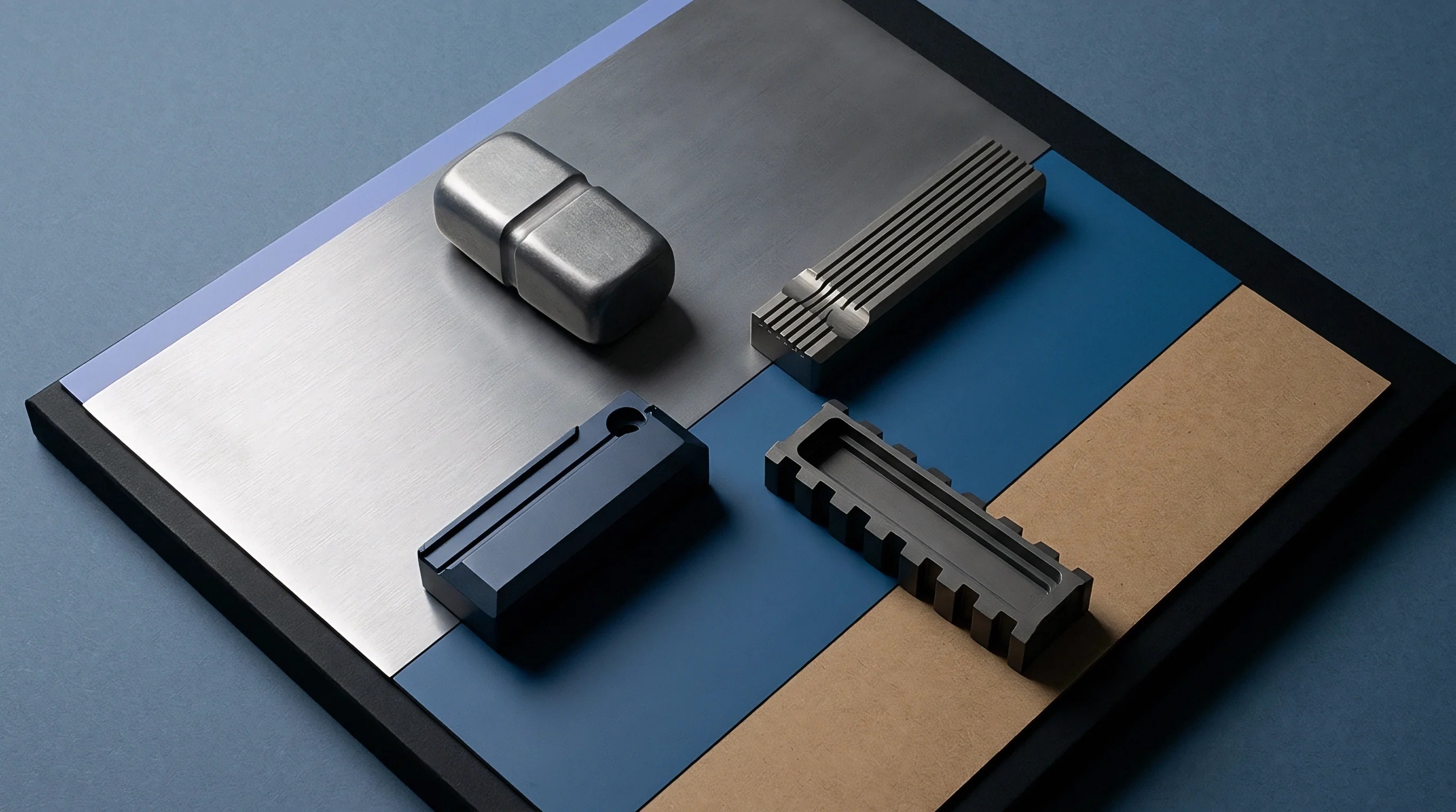 Four precision-machined metal components for connectivity devices are arranged on a multi-panel surface featuring grey, blue, and tan segments.