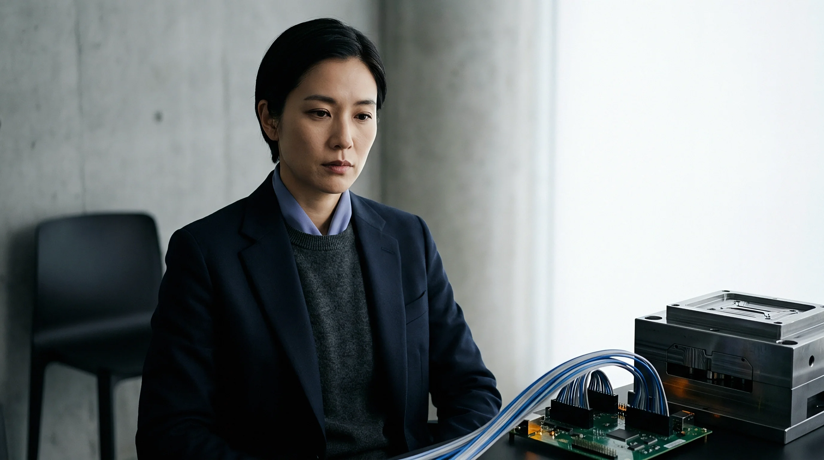 An engineering professional observes a green printed circuit board connected by ribbon cables to metal tooling on a desk.