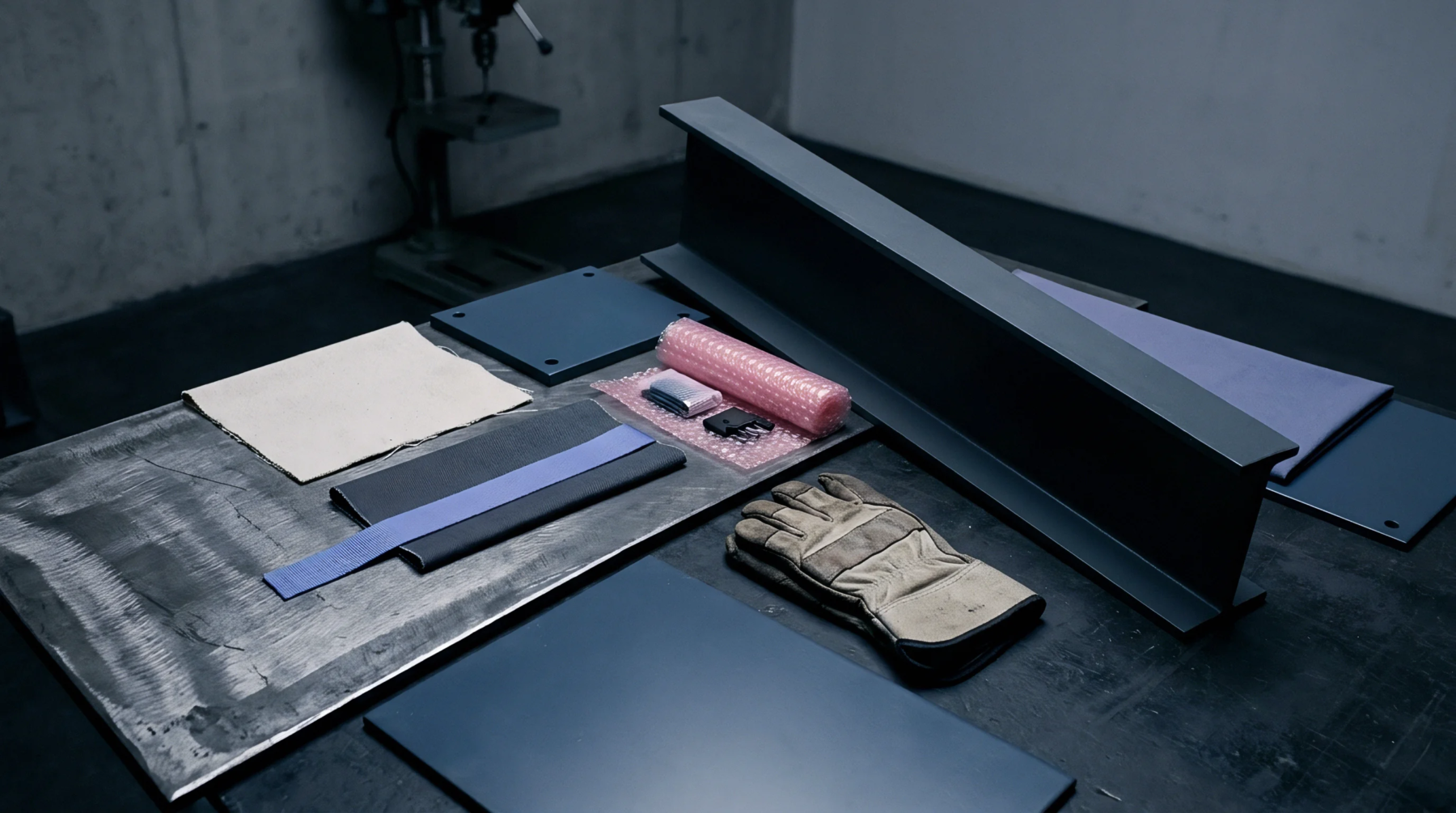 Raw industrial steel components and electrical hardware modules lie arranged on a workshop workbench for assembly preparation.