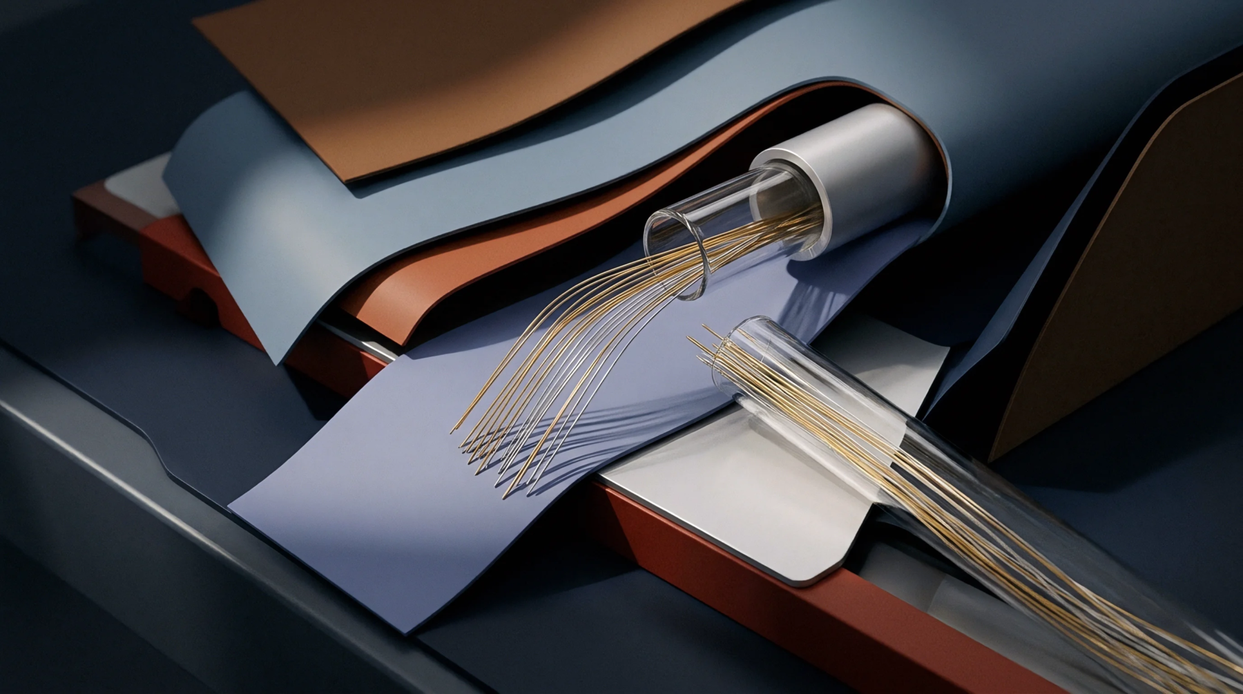 Stacked flexible material sheets lie beside glass cylinders holding bundles of straight metallic conductive filaments in this technical digital render.