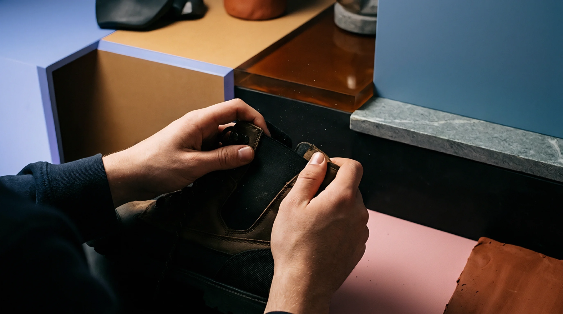 Hands carefully examine the robust material and construction of a dark brown boot with an elastic side panel in a modern product design setting.