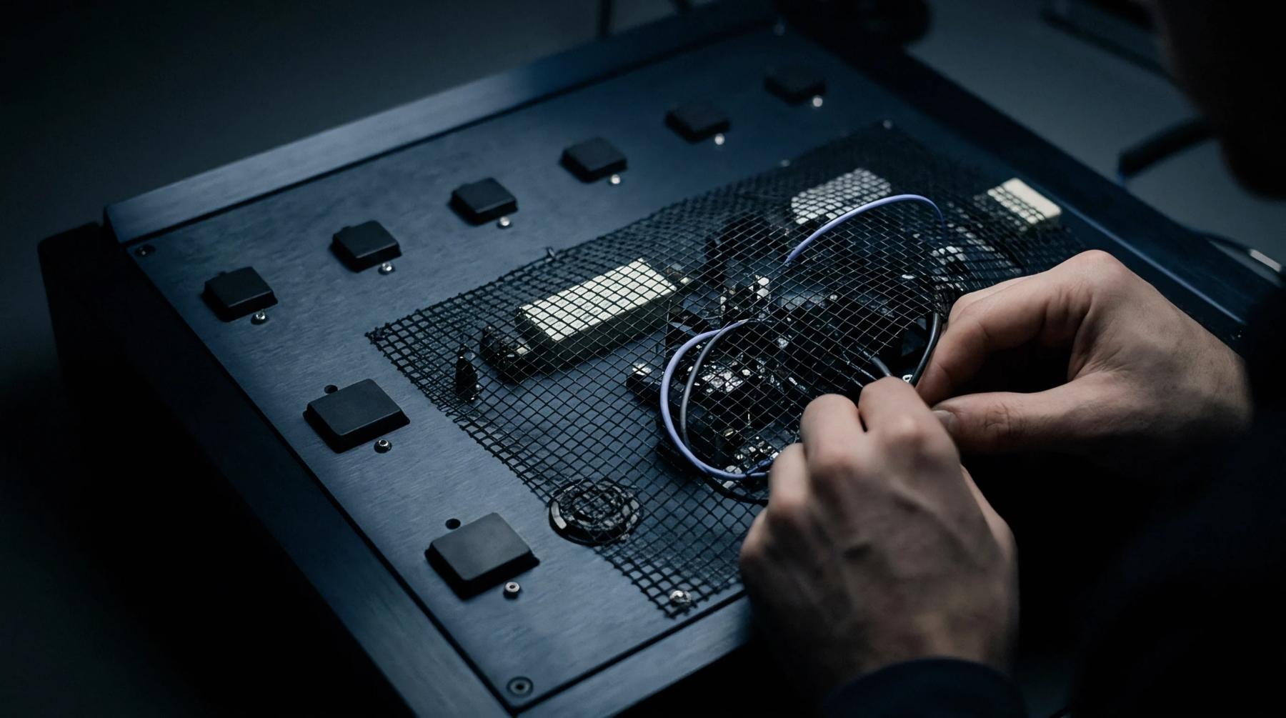 Hands route thin communication cables through a protective wire mesh on a custom metal electronic console during prototype hardware integration.