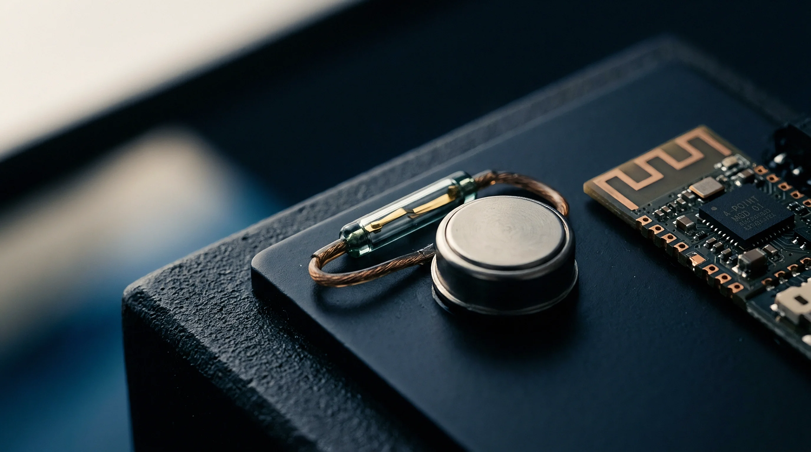 A miniaturized communication circuit board rests near a magnetic switch and a metal power cell on a black textured flat surface.