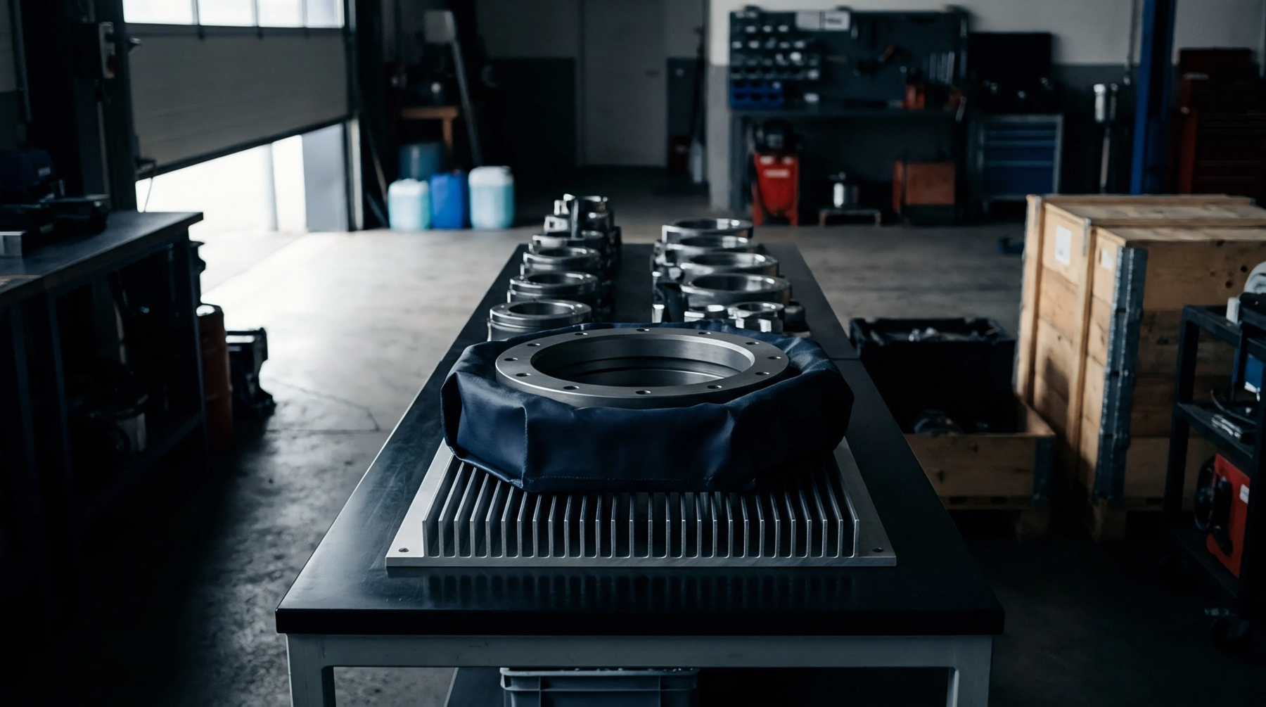 Precisely manufactured metal components, including a large one on a heatsink-like base, are arranged on tables inside a production setting.