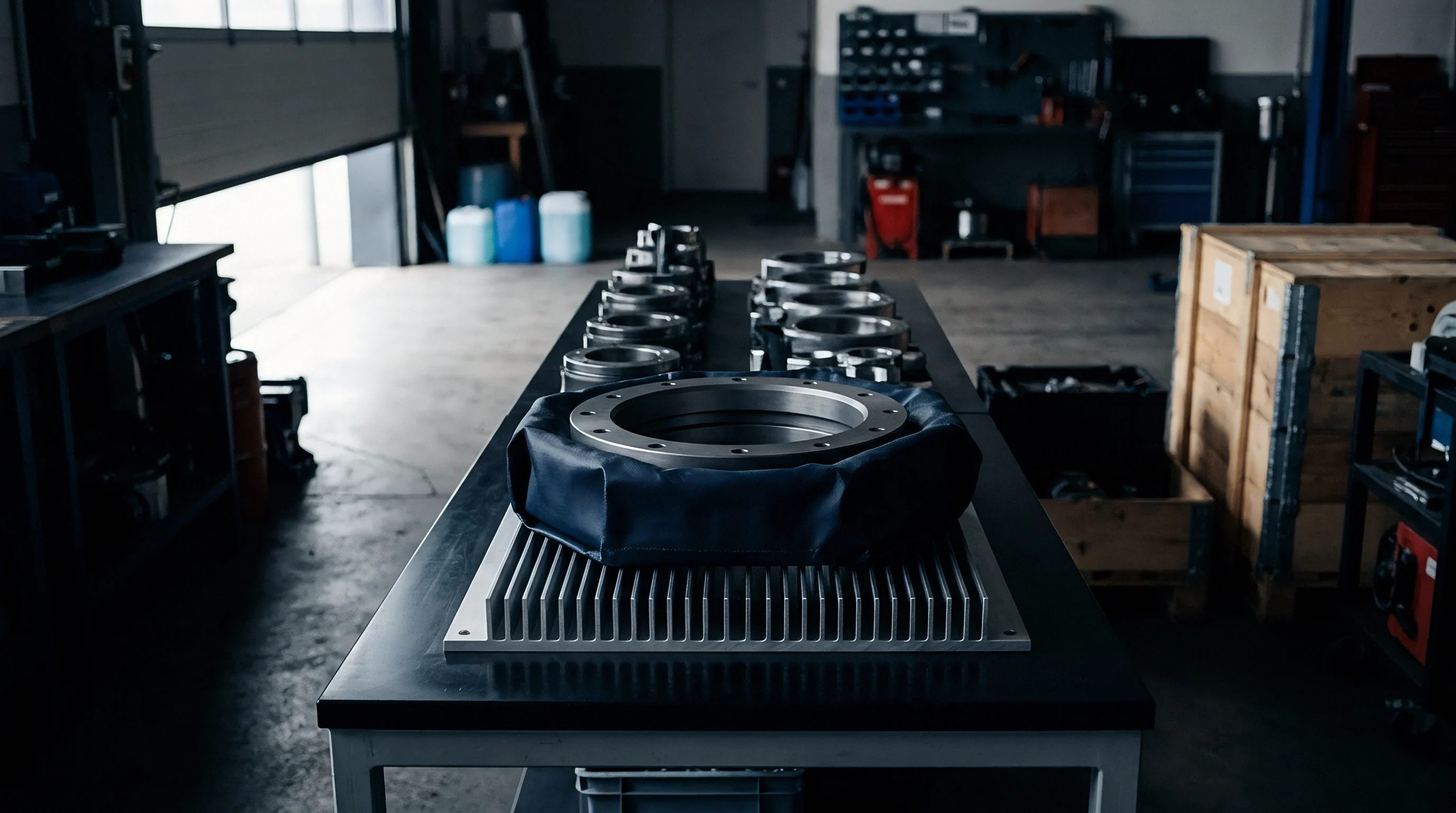 Precisely manufactured metal components, including a large one on a heatsink-like base, are arranged on tables inside a production setting.