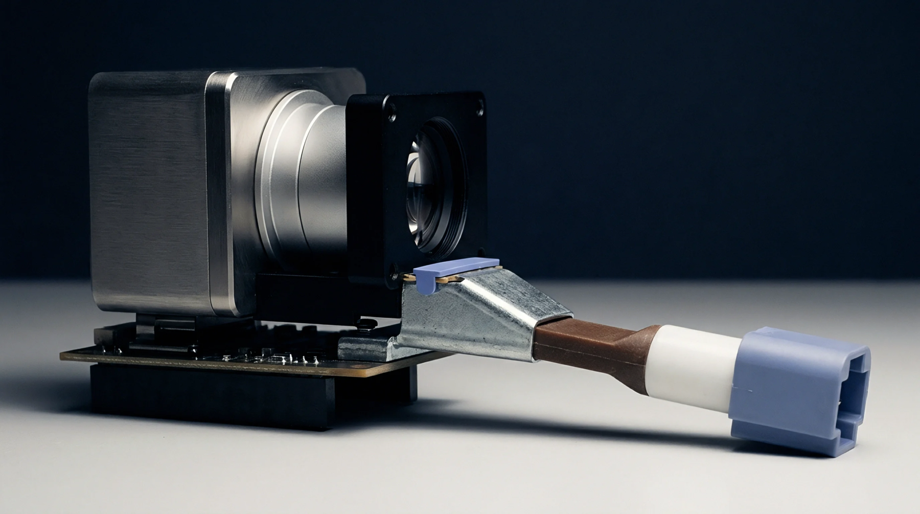 Precision camera sensor assembly mounted on a circuit board includes an automotive grade wiring harness with a shielded housing and connector interface.