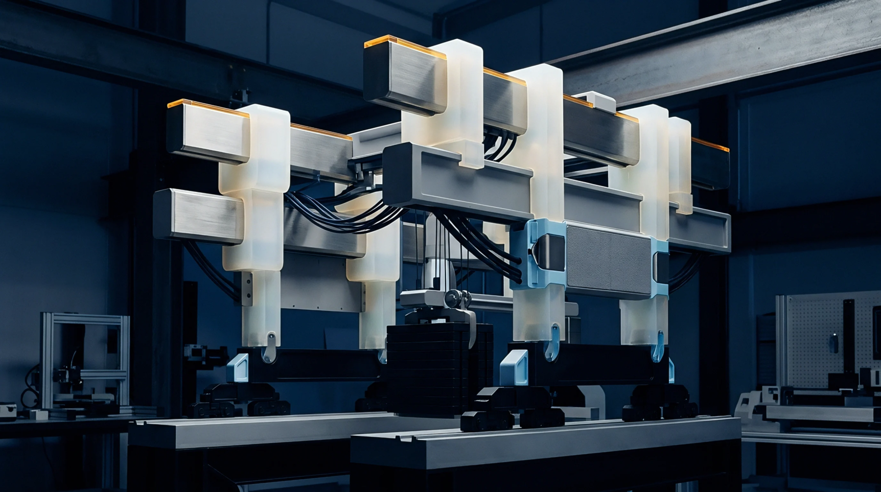 A multi axis industrial assembly system features heavy cabling and translucent support modules within a dark fabrication facility environment in this digital render.