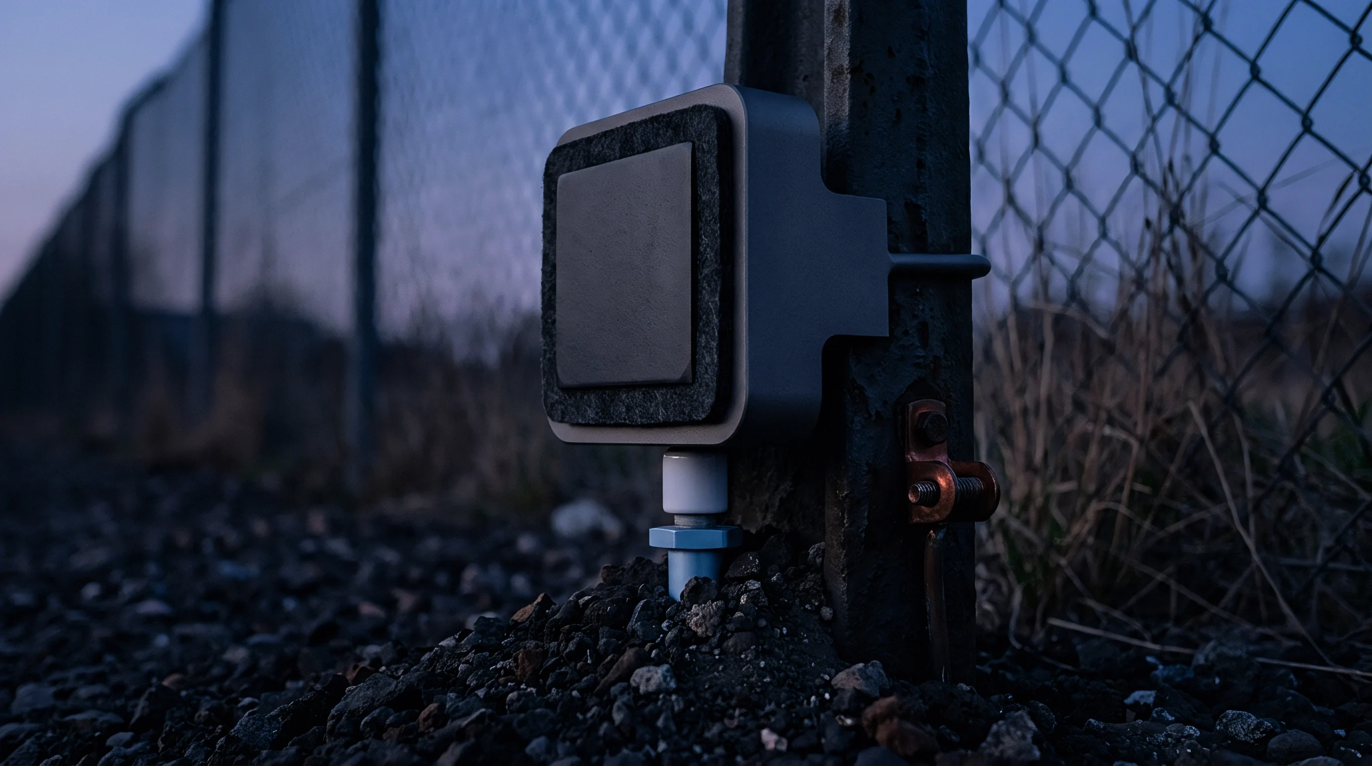 An industrial connectivity module rests on a grounded metal post within a chain link fence enclosure during early evening lighting conditions.