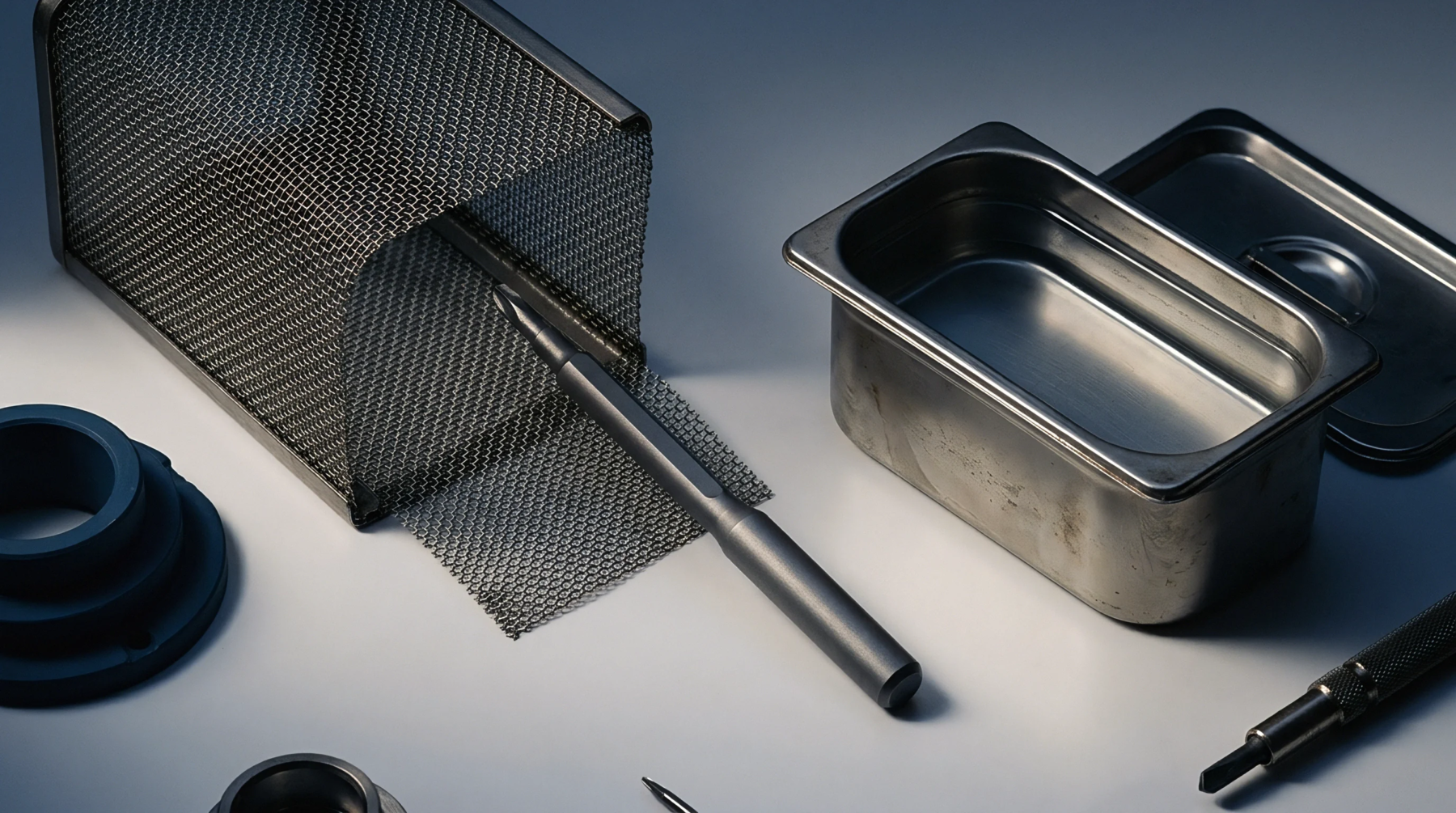 Calibrated precision instruments alongside stainless steel containers and woven mesh fixtures sit arranged on a neutral grey assembly bench.