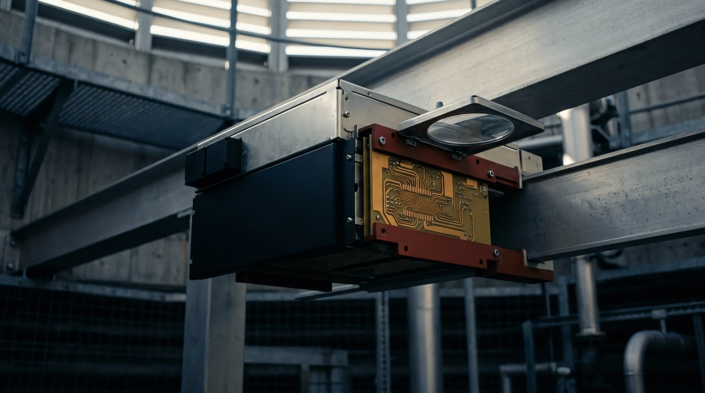 A printed circuit board assembly sits mounted upon a metallic industrial rail inside a specialized radio frequency testing or production environment.