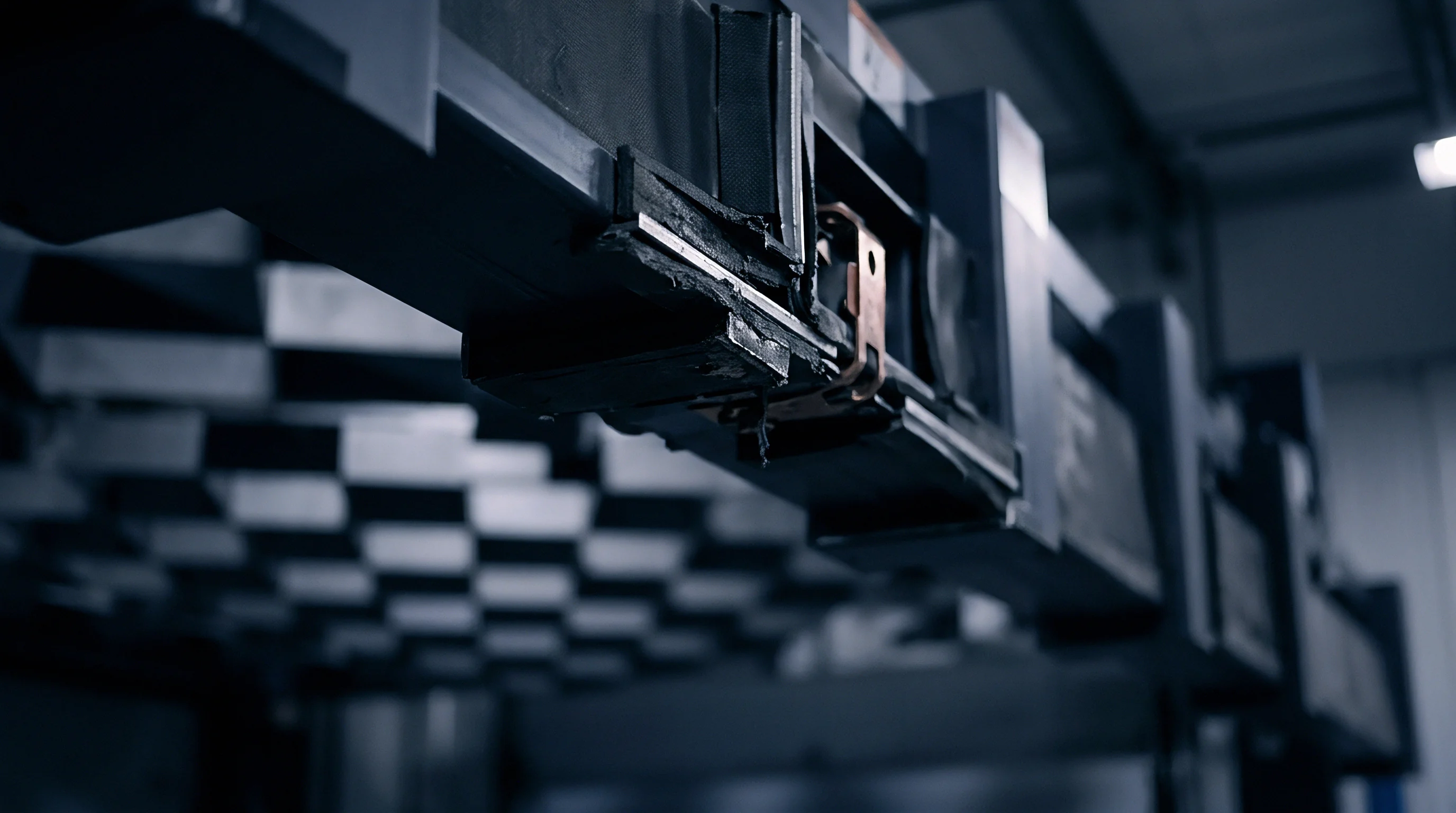 Industrial rail systems support mounted electronic interface units inside a production facility designed for antenna integration and hardware assembly processes.