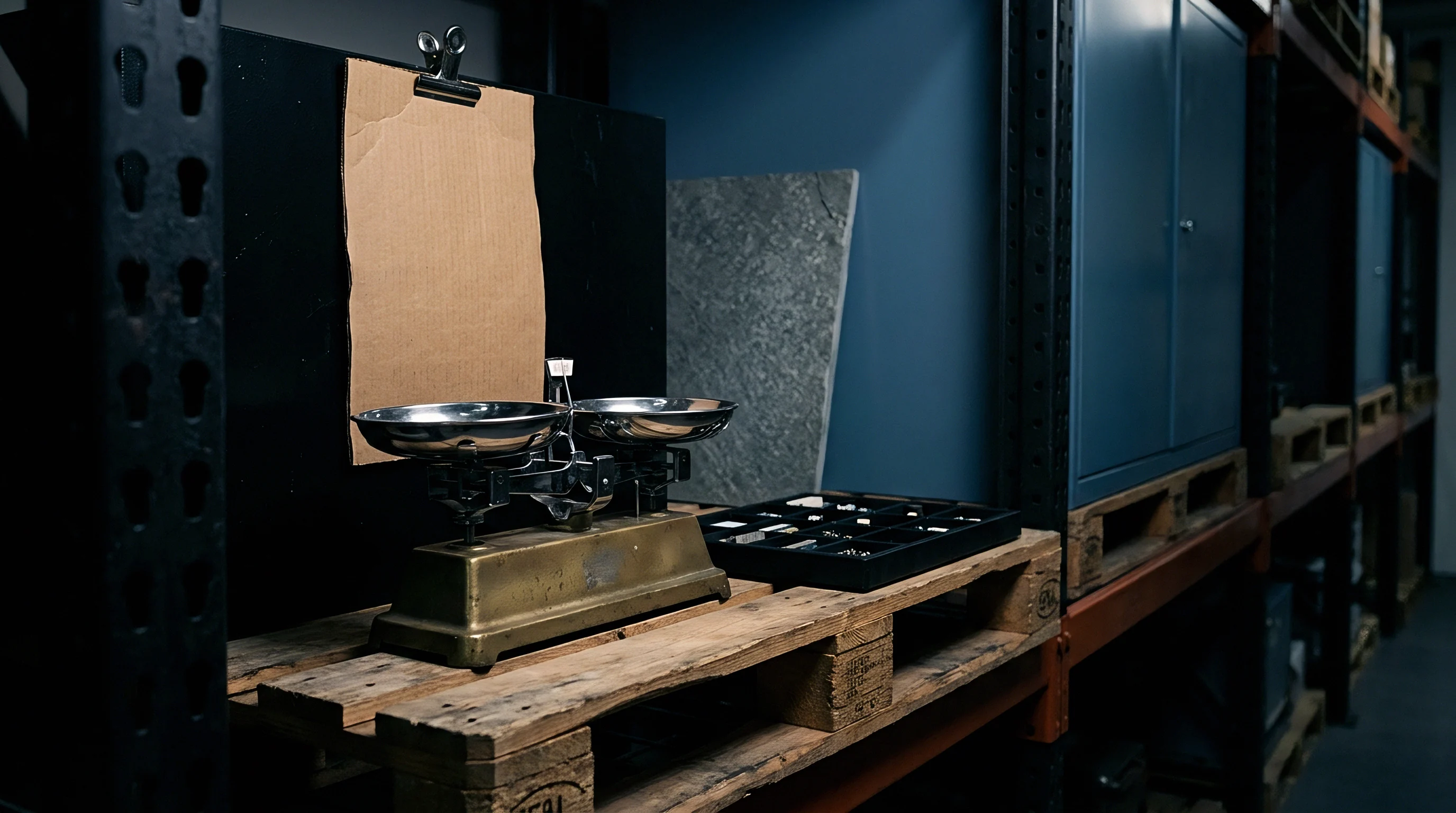 An industrial brass balance scale rests on a wooden pallet alongside component sorting trays inside a module production facility.