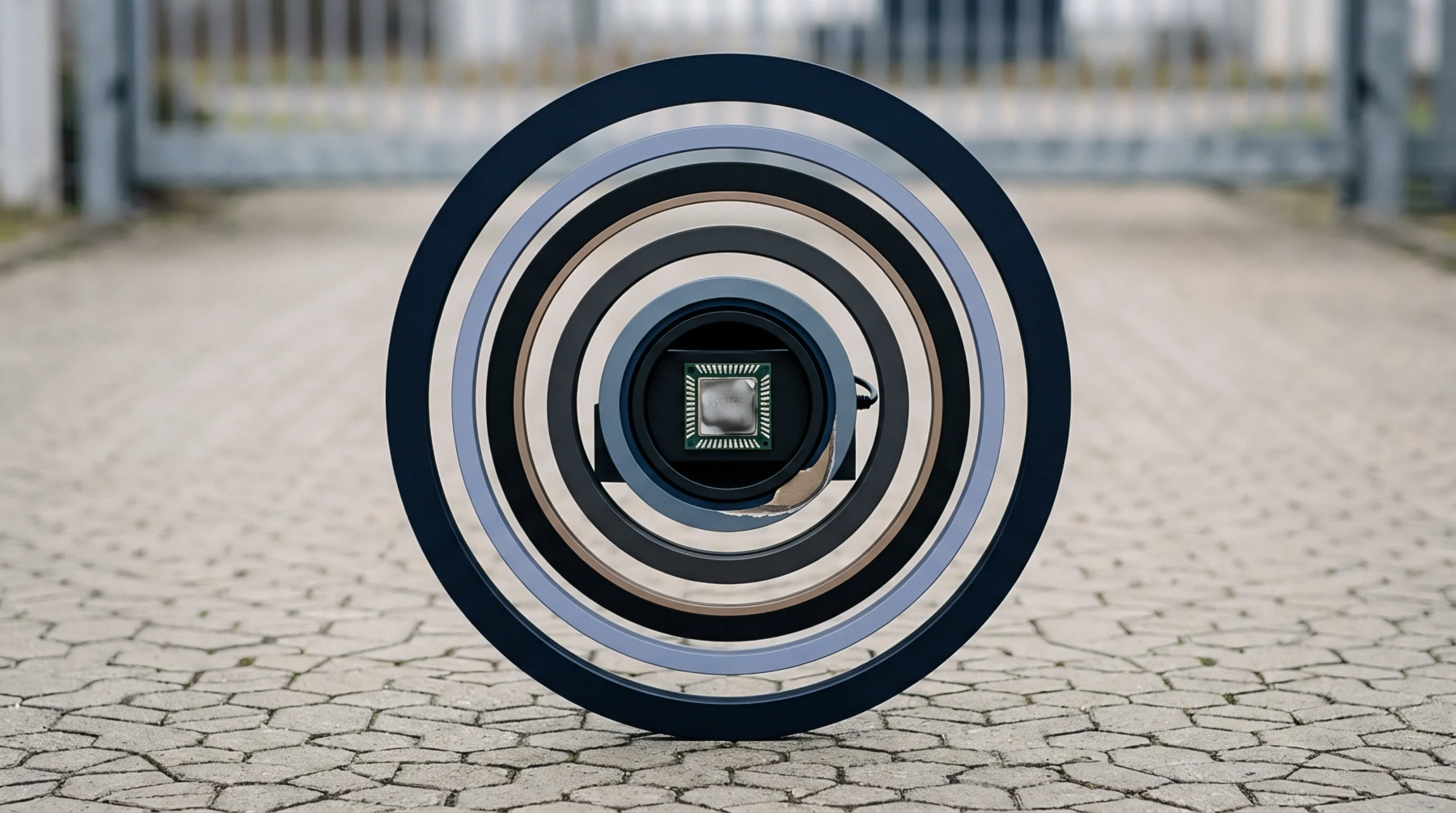 A render presents a central square integrated circuit embedded within a series of concentric dark grey and light blue modular rings, set on a light paved surface.