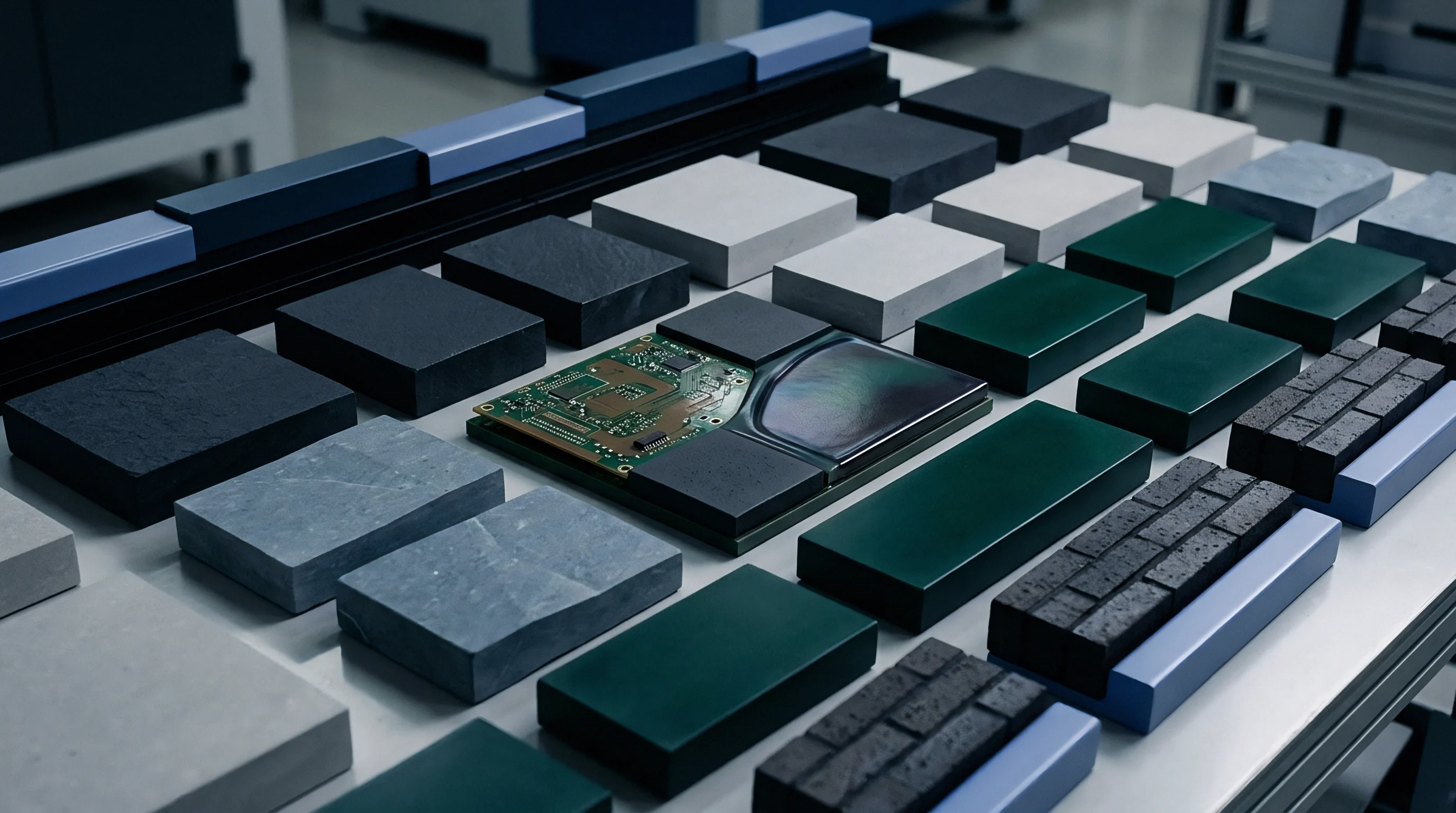 Arrayed rows of rectangular material samples in charcoal grey emerald green and slate blue flank a semi transparent embedded connectivity module prototype.