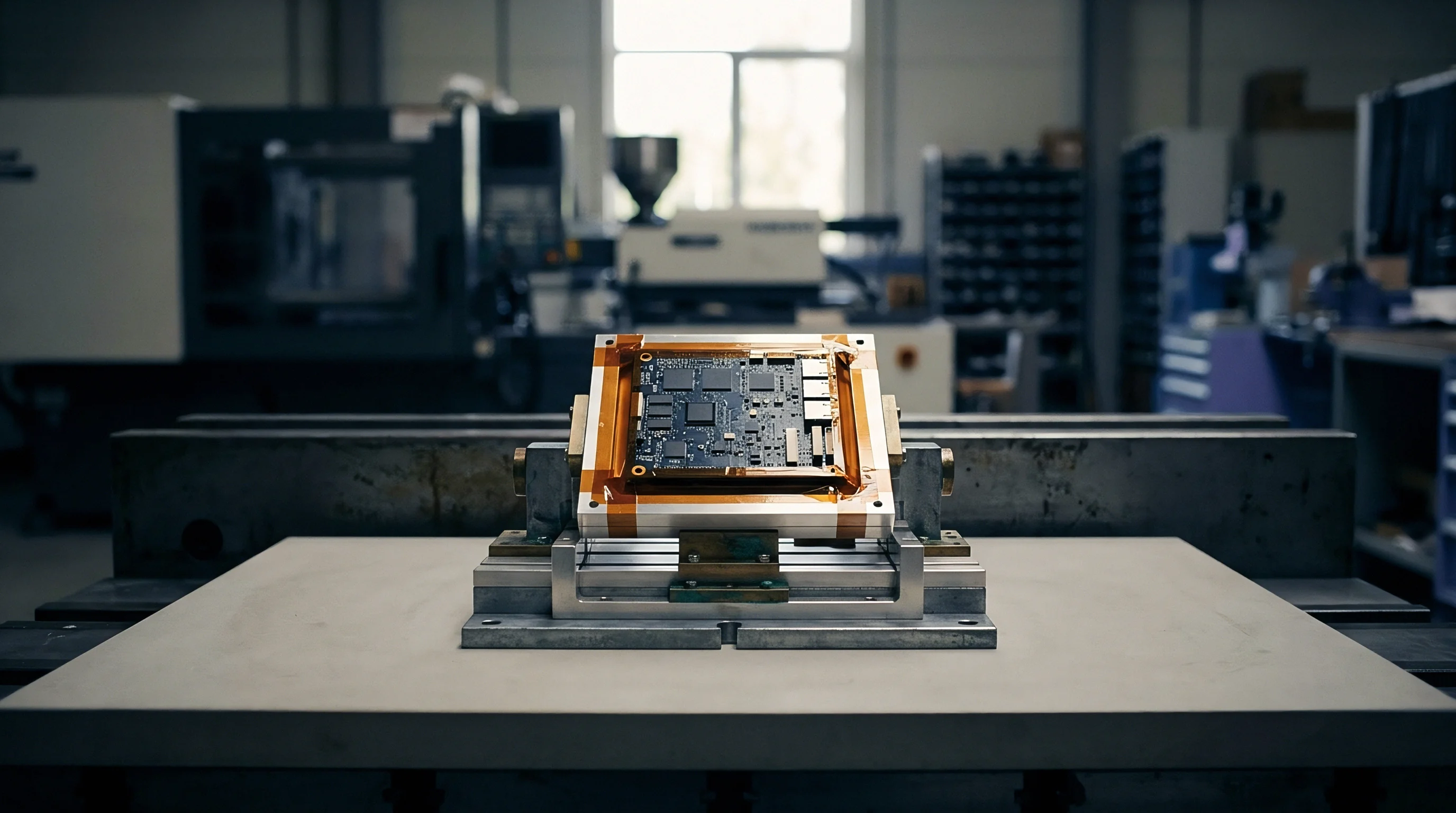 A populated printed circuit board is secured within a heavy metal mounting bracket on a level workshop platform against industrial machinery.